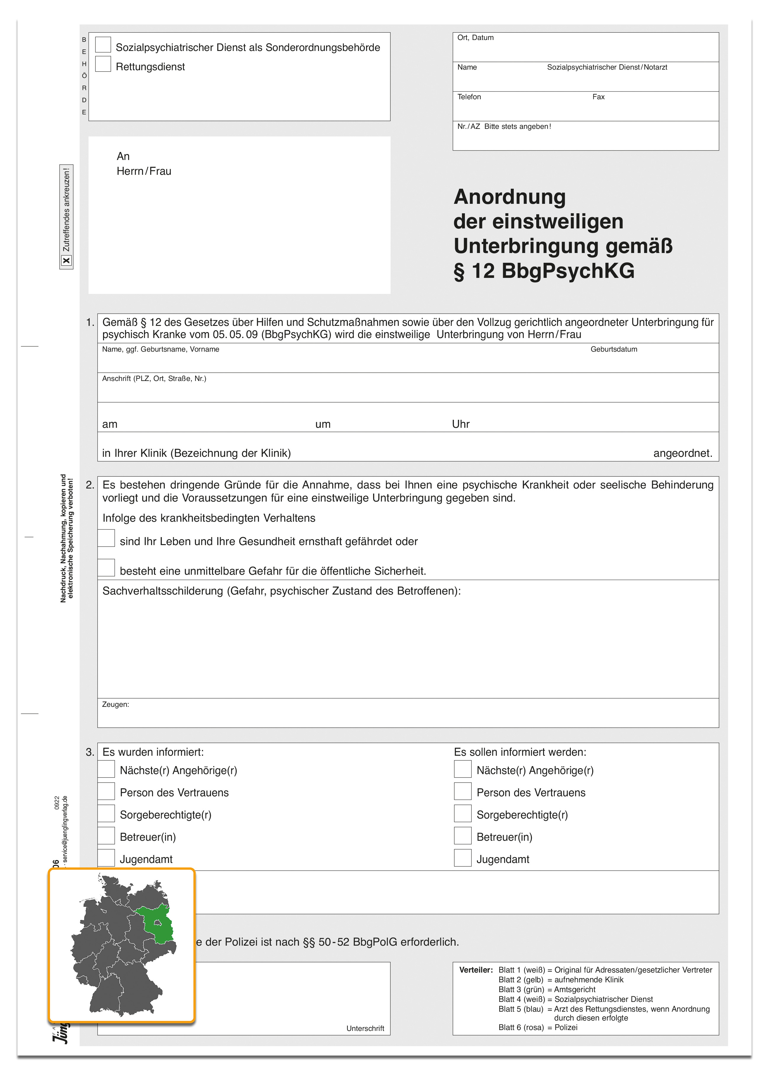 Anordnung sofortige Unterbringung psychisch auffälliger Personen (Brandenburg), A4, 6fach
