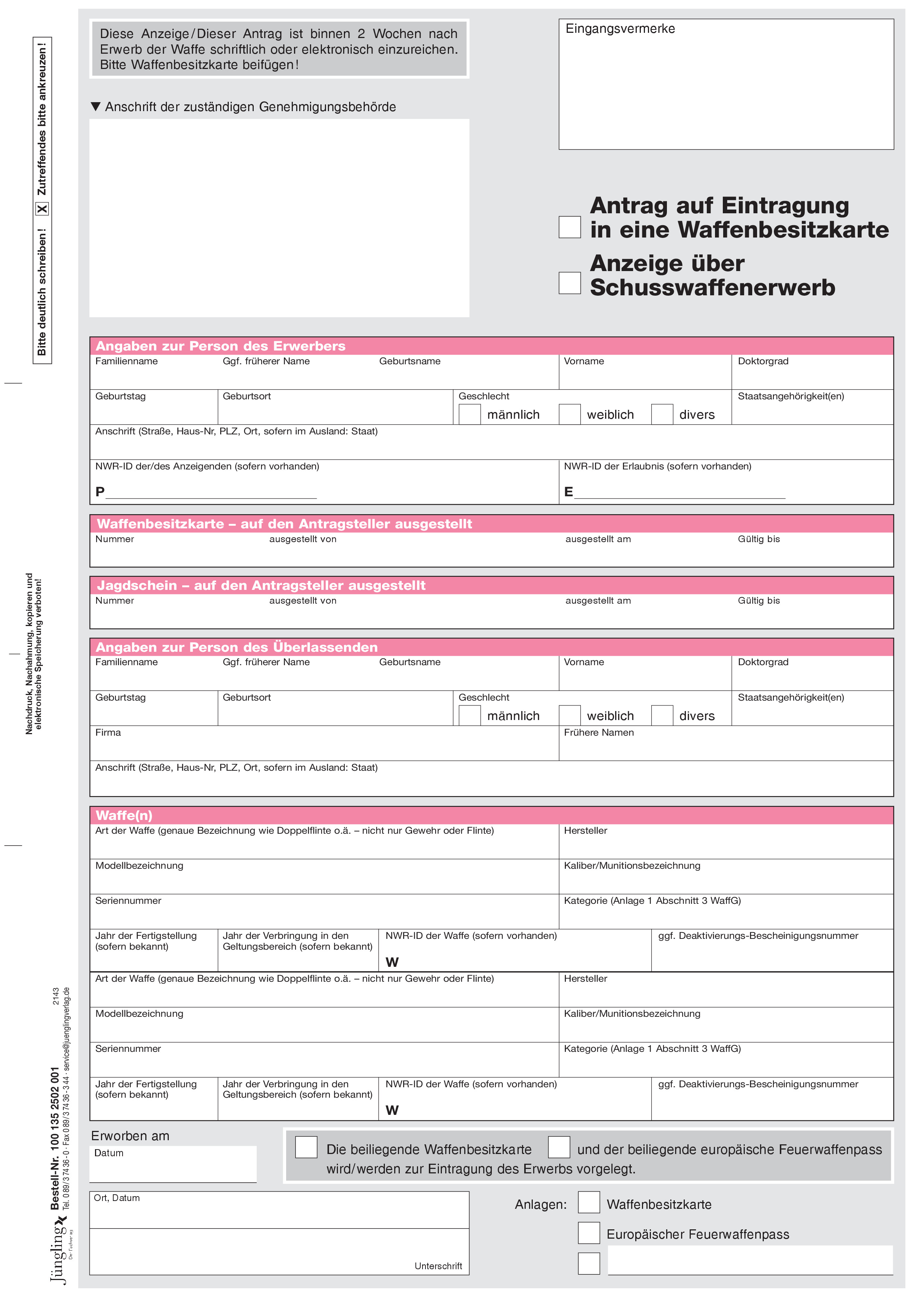 Anzeige über den Waffenerwerb bei vorhandener waffenrechtlicher Erlaubnis, A4