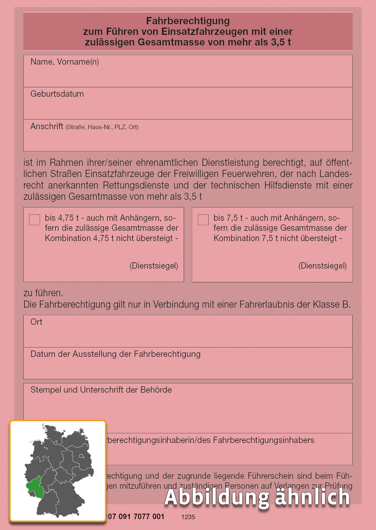 Fahrberechtigung zum Führen von Einsatzfahrzeugen von mehr als 3, 5 t (RP), neobond, rosa, DIN A6