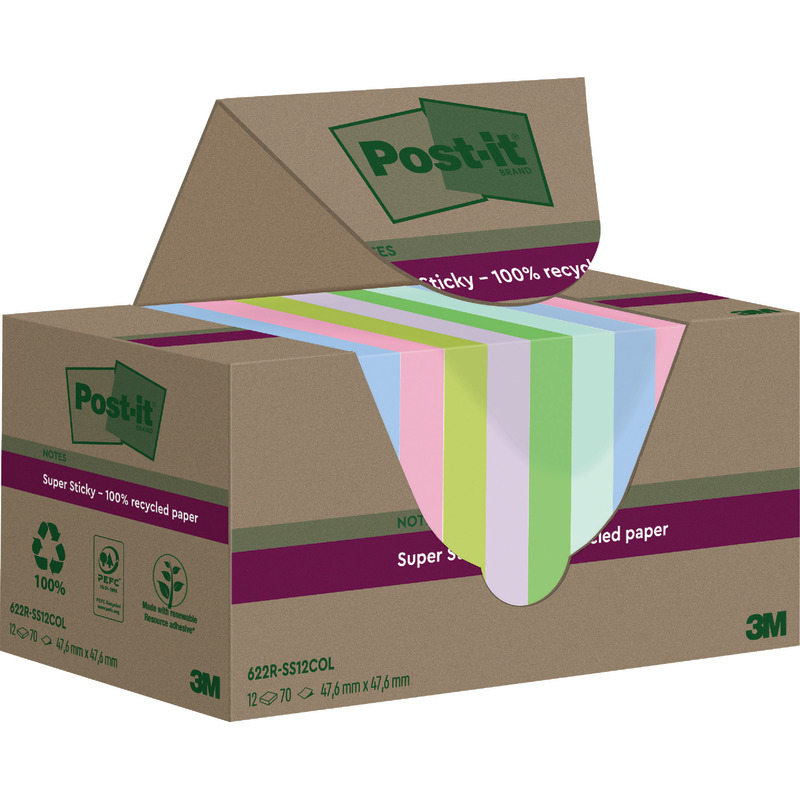 Post-it® Super Sticky 100 % Recycling Notes, Pastelfarben, 47, 6 x 47, 6  mm, 12 Blöcke/ Packung