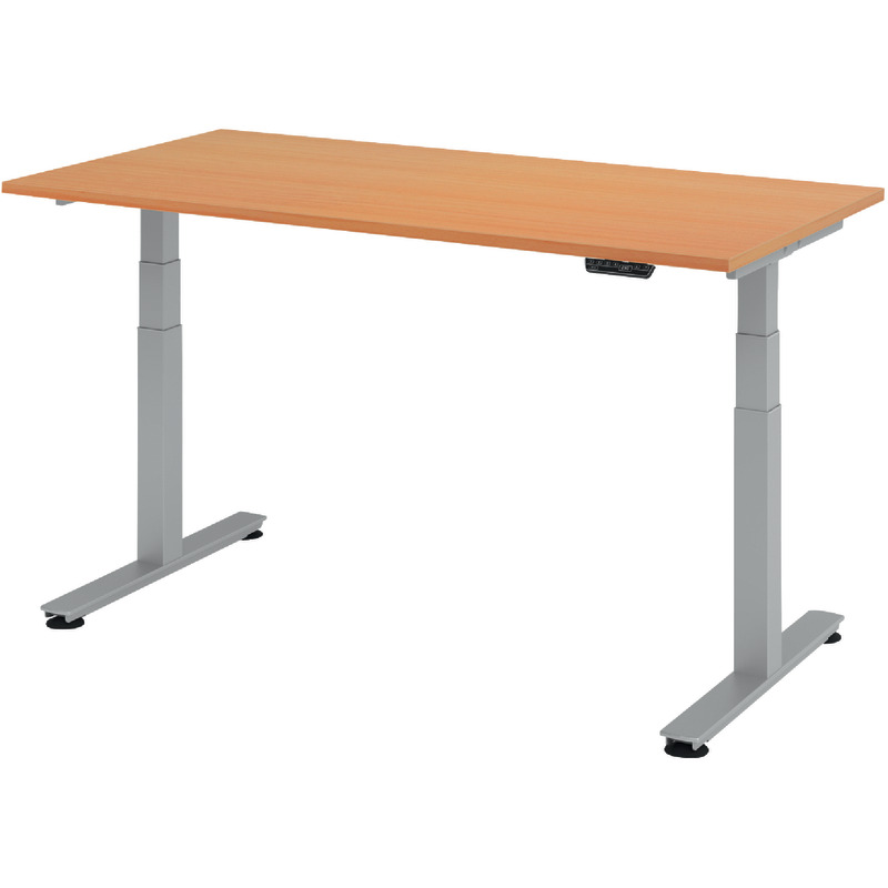 SoldanOffice Schreibtisch, höhenverstellbar,  Ergonomic Aktiv T XDSM, Rechteckform, B x H x T: 1.600 x 635 - 1.285 x 800 mm - Buche Dekor