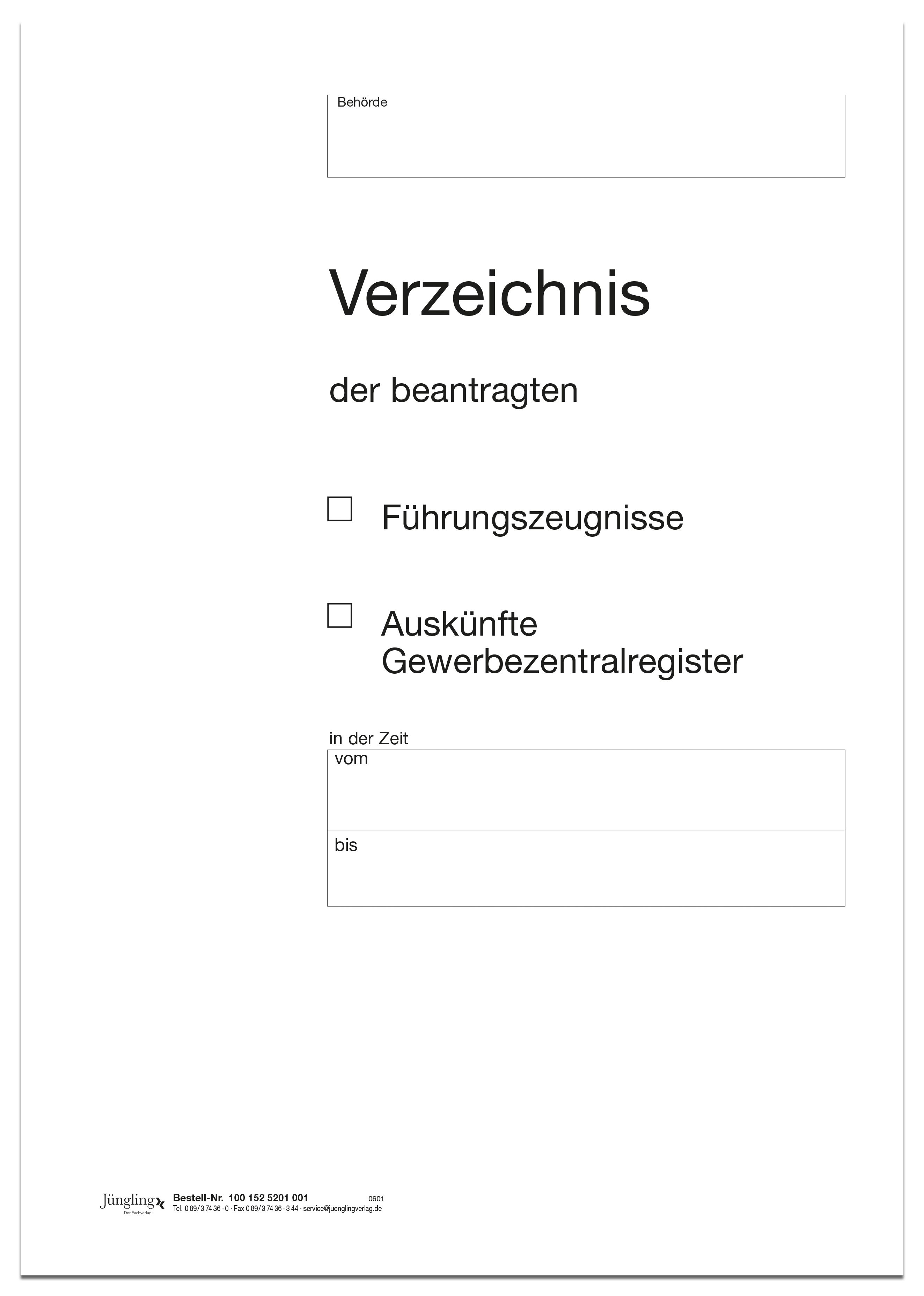 Verzeichnis BZR / GZR - Titelbogen, A4