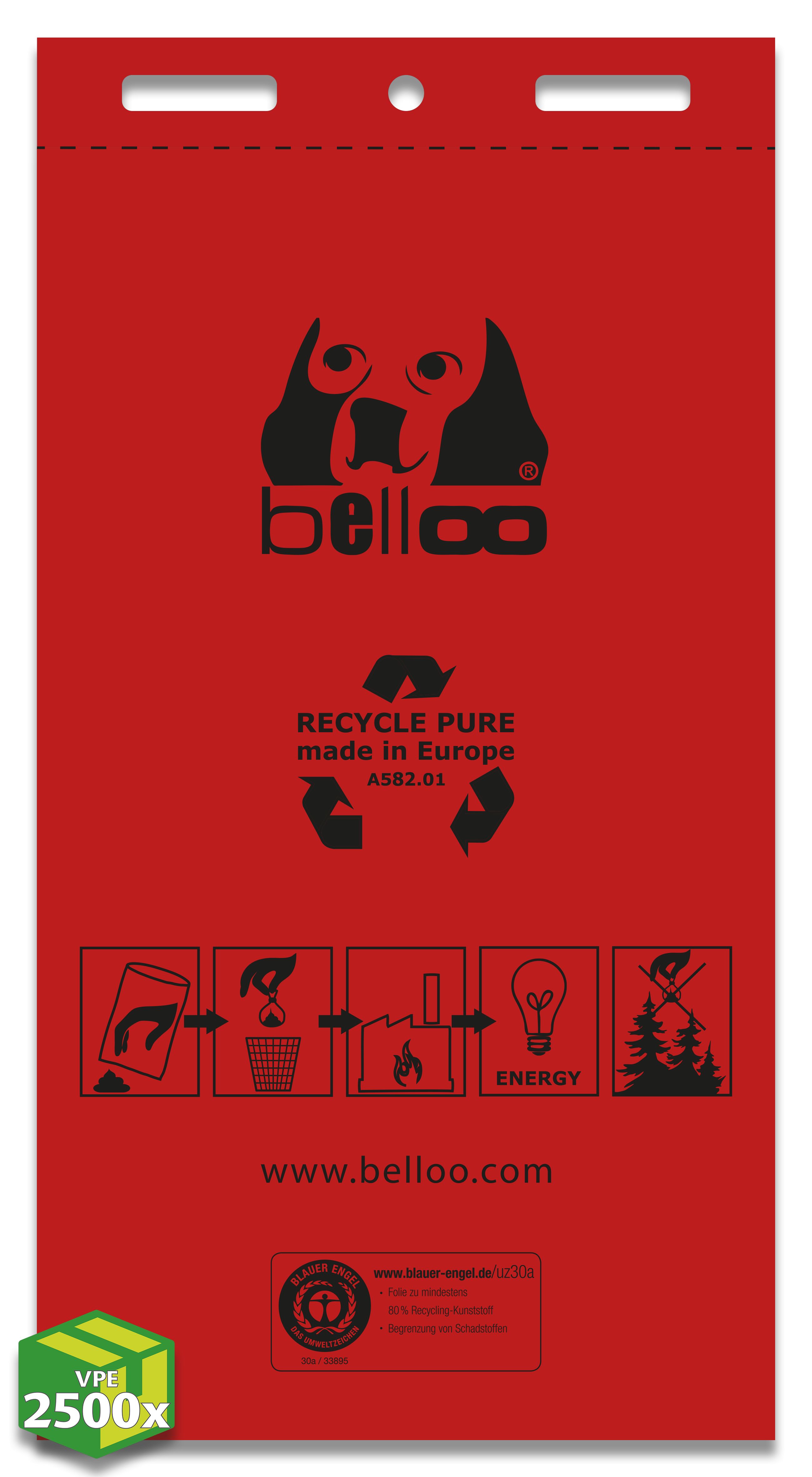 Hundekotbeutel recycle belloo (A582.01) MDPE Recyclingmaterial, rot mit Aufdruck