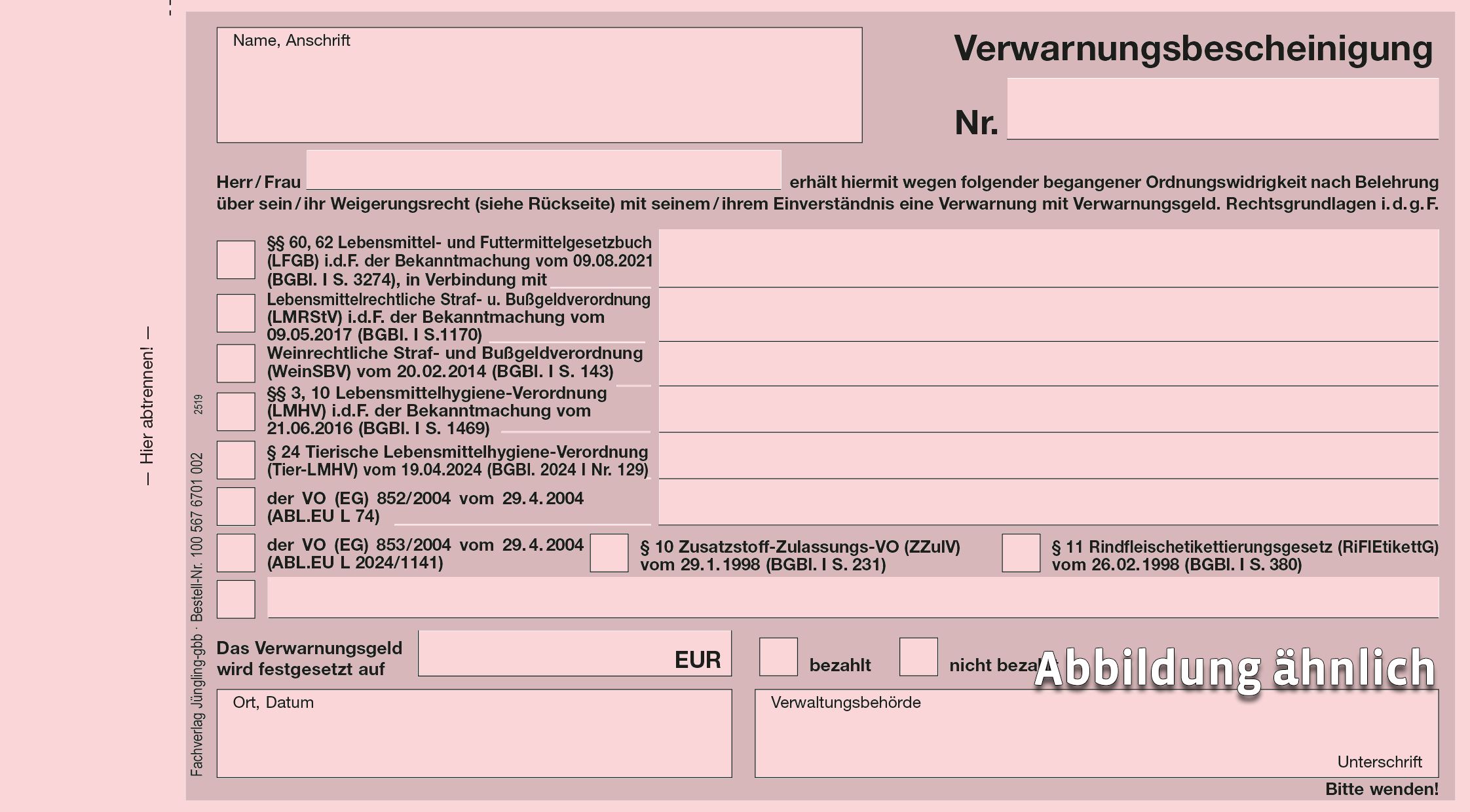 Verwarnungsbescheinigung Lebensmittelüberwachung, Durchschlag, rosa/weiß