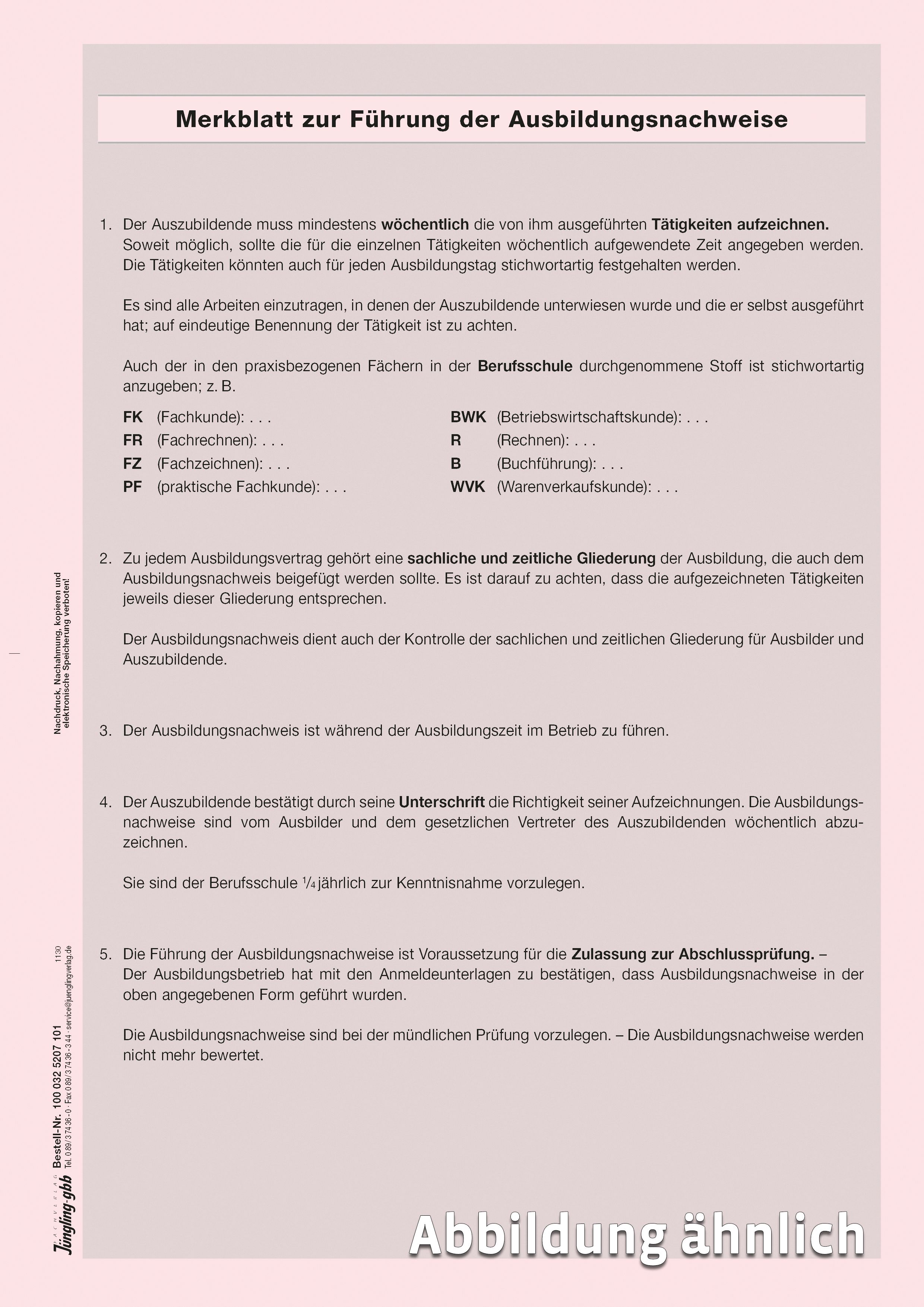 Merkblatt zur Führung der Ausbildungsnachweise, A4, rosa Merkblatt zur Führung der Ausbildungsnachweise, A4, rosa