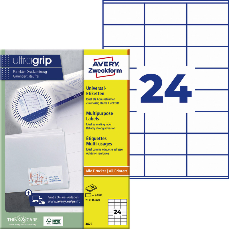 AVERY® Zweckform Universal-Etiketten 3475, permanent haftend, weiß, B x H: 70 x 36 mm, Pack: 2.400 Stück