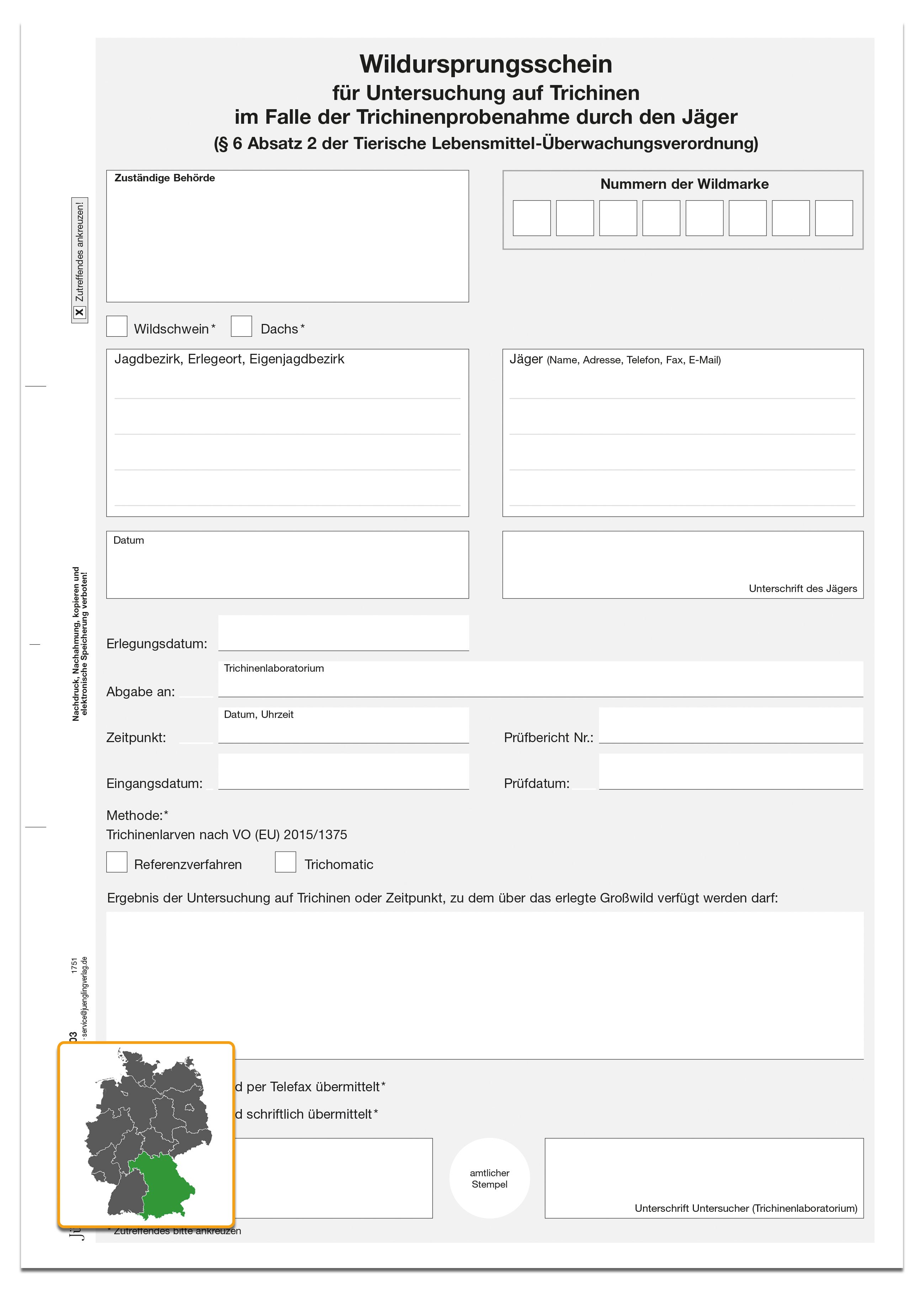 Wildursprungsschein, DIN A4, 3-fach, Stand: VO(EU) 2015/1375