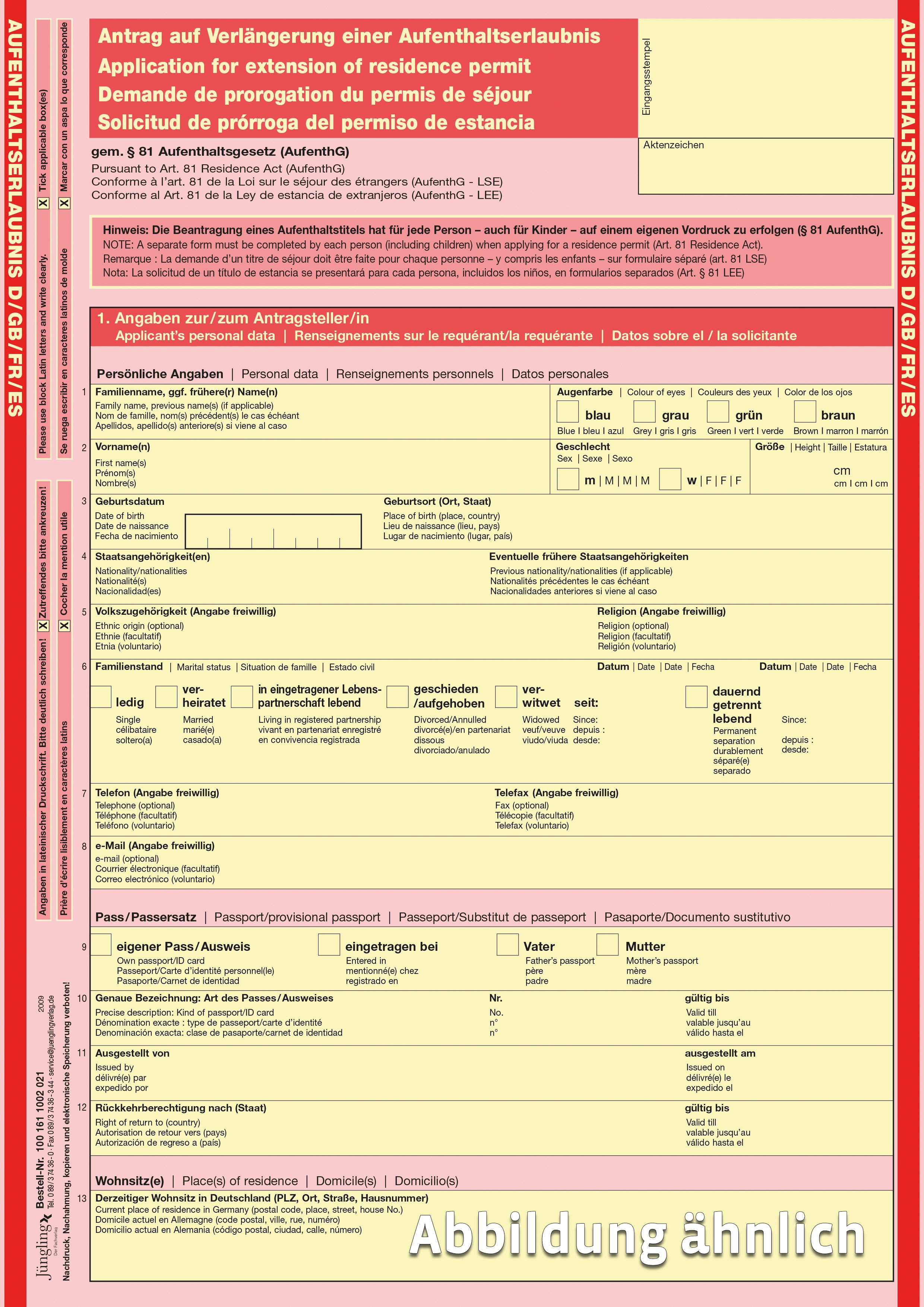 Antrag auf Verlängerung einer Aufenthaltserlaubnis in vier Sprachen