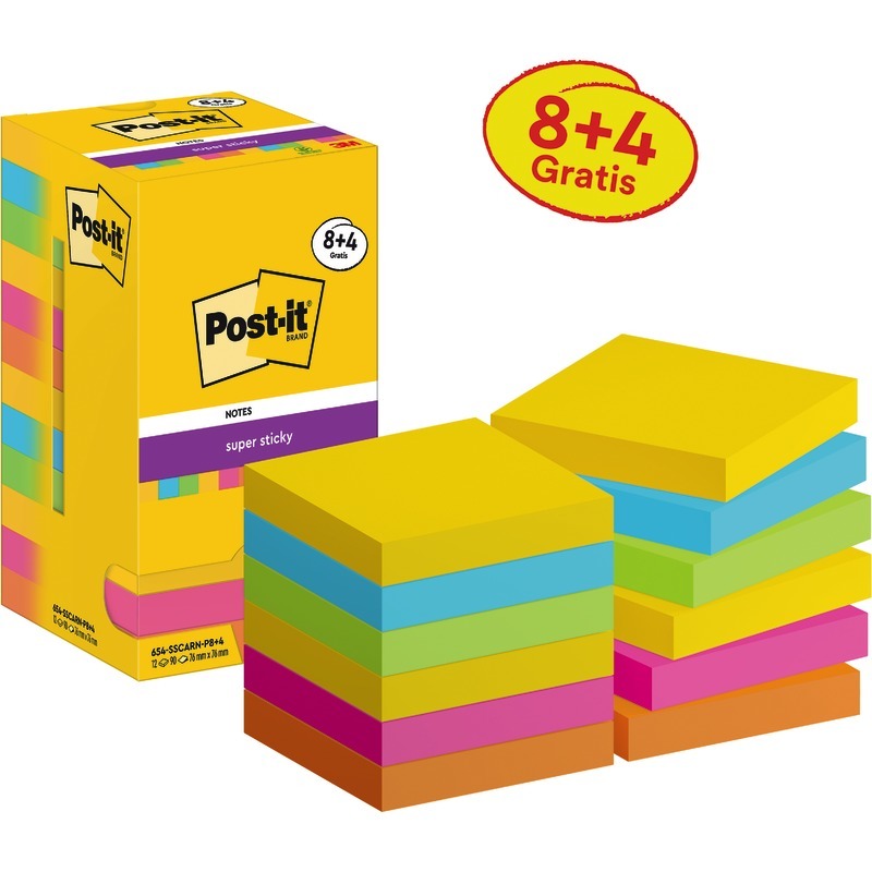 8 + 4 GRATIS! 12 Blöcke Post-it® Haftnotizen Super Sticky Notes 76 x76 mm, farbsortiert - Cosmic