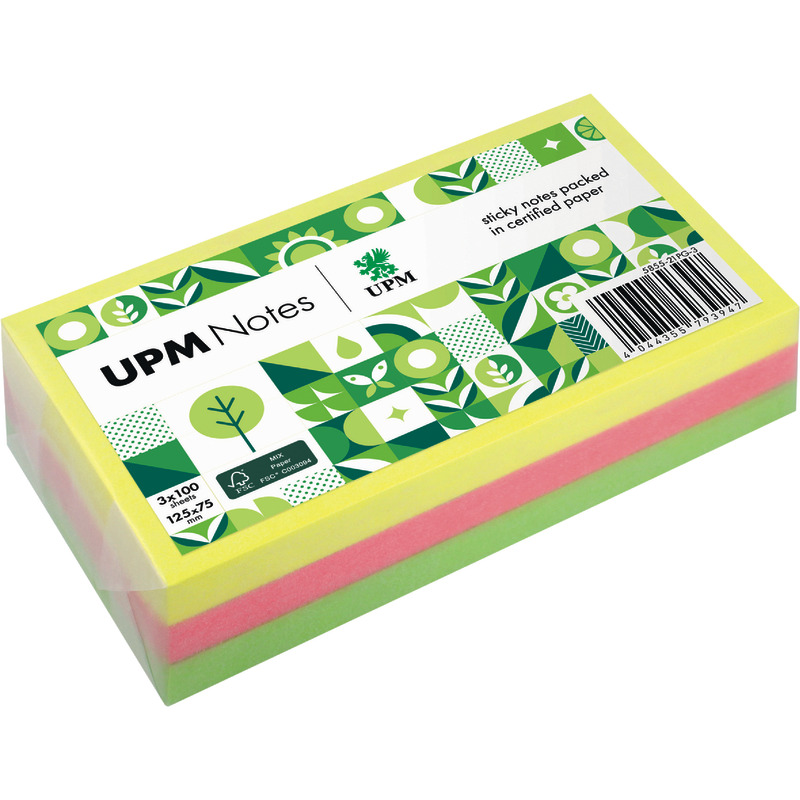 UPM NOTES Haftnotizen 125 x 75 mm, 3 x 100 Blatt Brillant-Mix