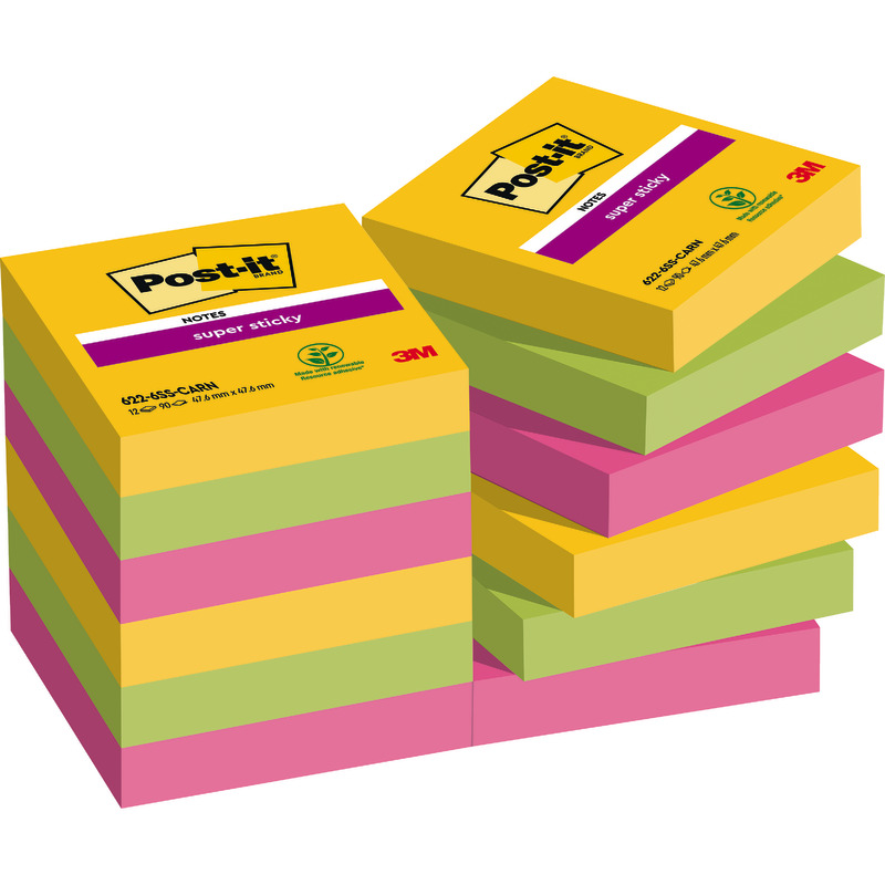 Post-it® Super Sticky Notes, 47.6 mm x 47.6 mm, 90 Blatt/Block, 12 Blöcke/Packung - Carnival bunt