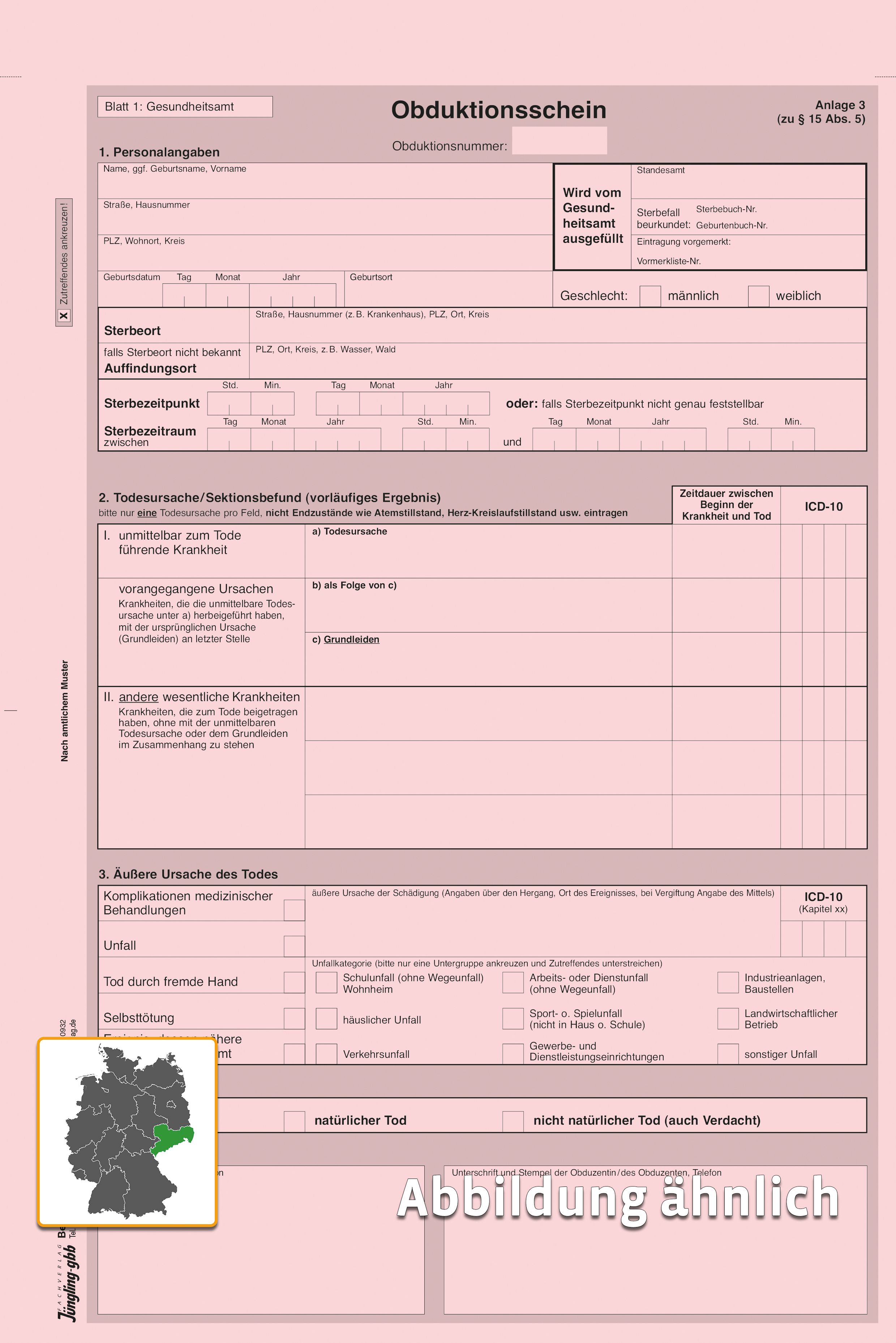 Obduktionsschein, Sachsen, DIN A4, 3-fach