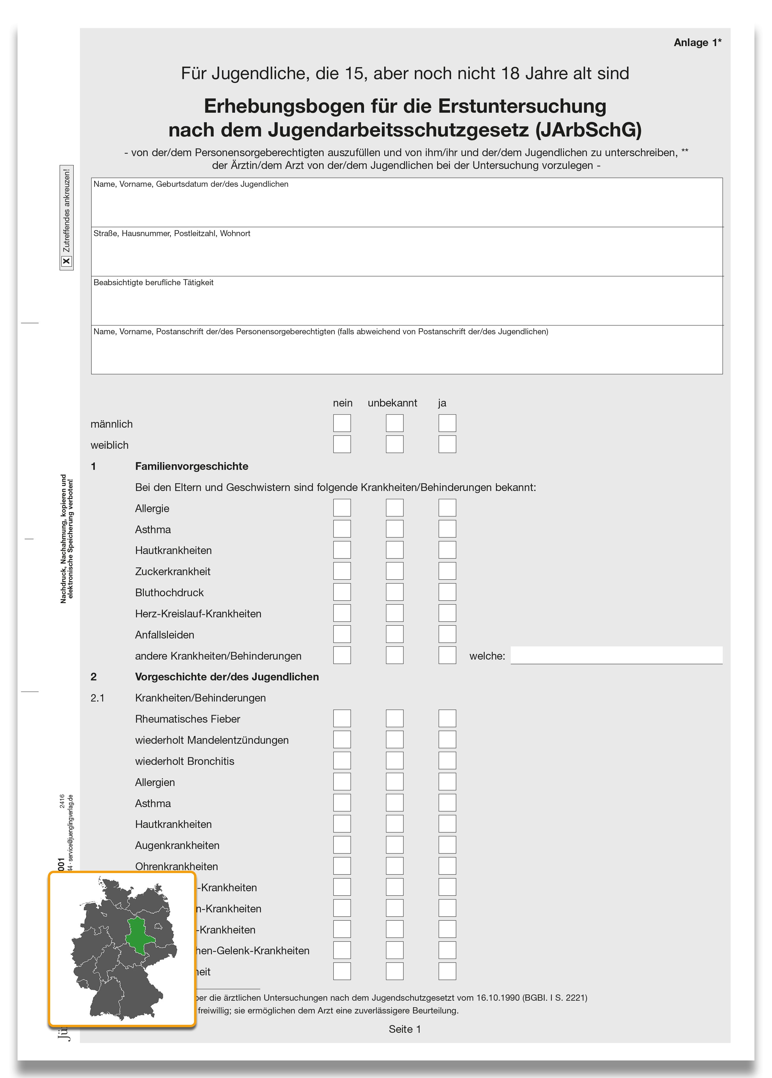Erhebungsbogen zur Erstuntersuchung, Anlage 1, DIN A4