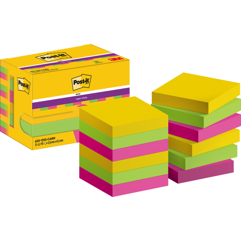 Post-it® Super Sticky Notes, 47.6 mm x 47.6 mm, 90 Blatt/Block, 12 Blöcke/Packung - Carnival bunt