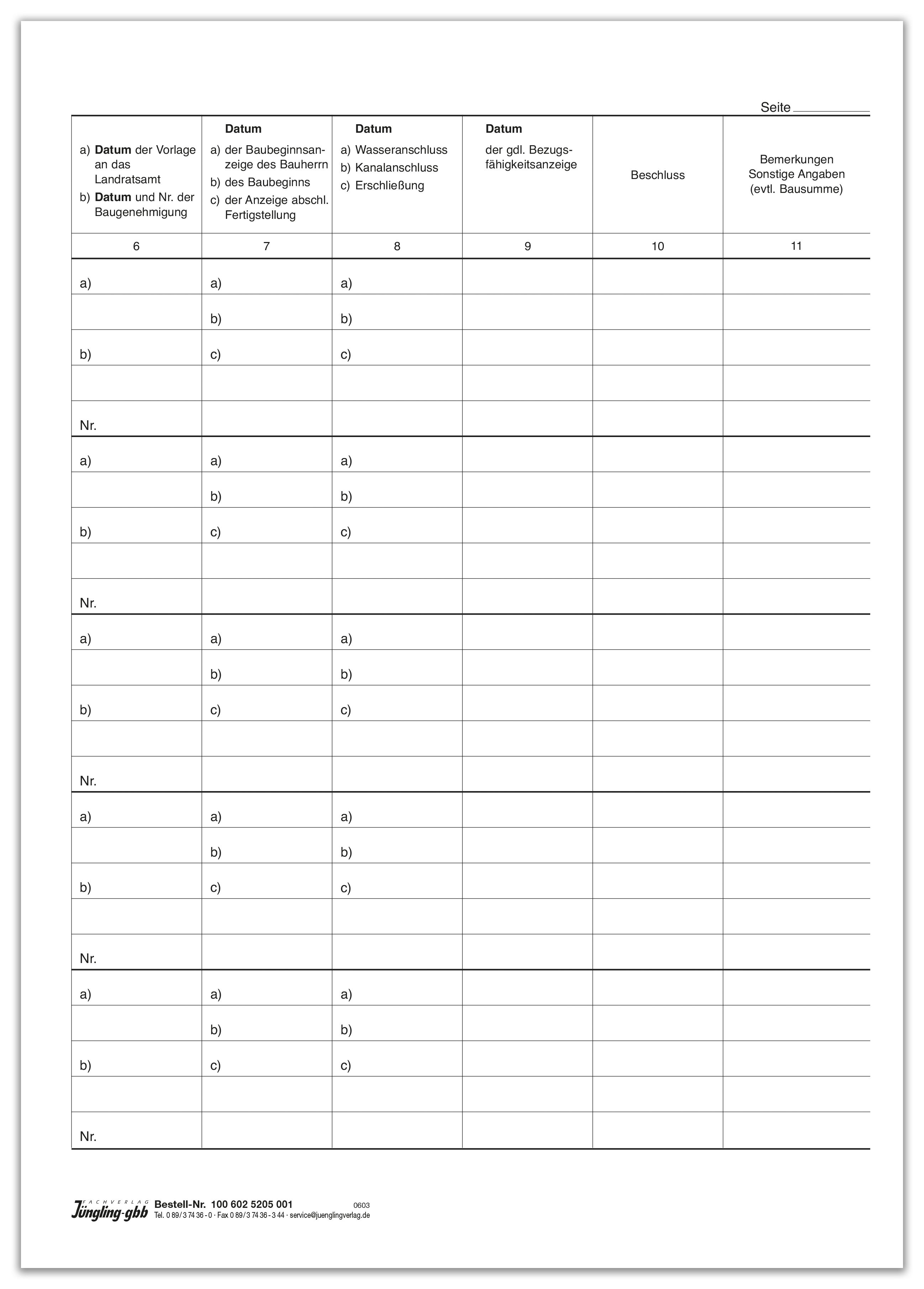 Verzeichnis der Bauanträge - Einlagebogen, A4, 4-seitig