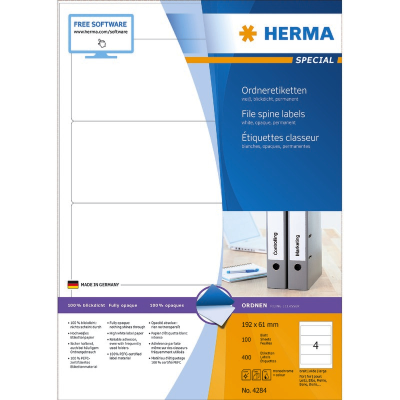 HERMA Ordneretiketten 4284, PC-bedruckbar, breit / kurz, weiß, B x H: 61 x 192 mm, Pack: 400 Stück