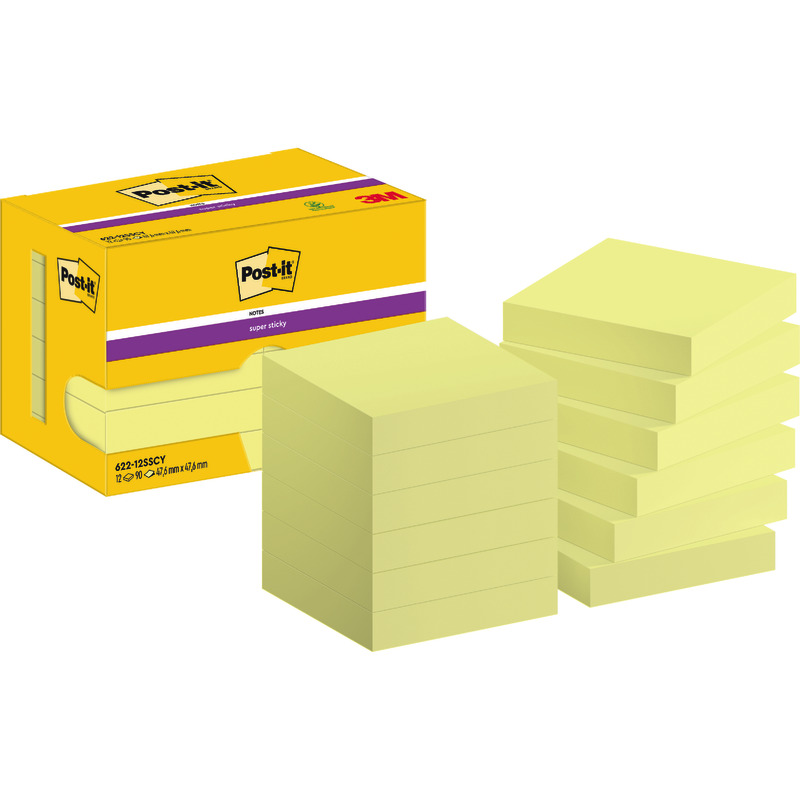 Post-it® Super Sticky Notes, Gelb, 47.6 mm x 47.6 mm, 90 Blatt/Block, 12 Blöcke/Packung