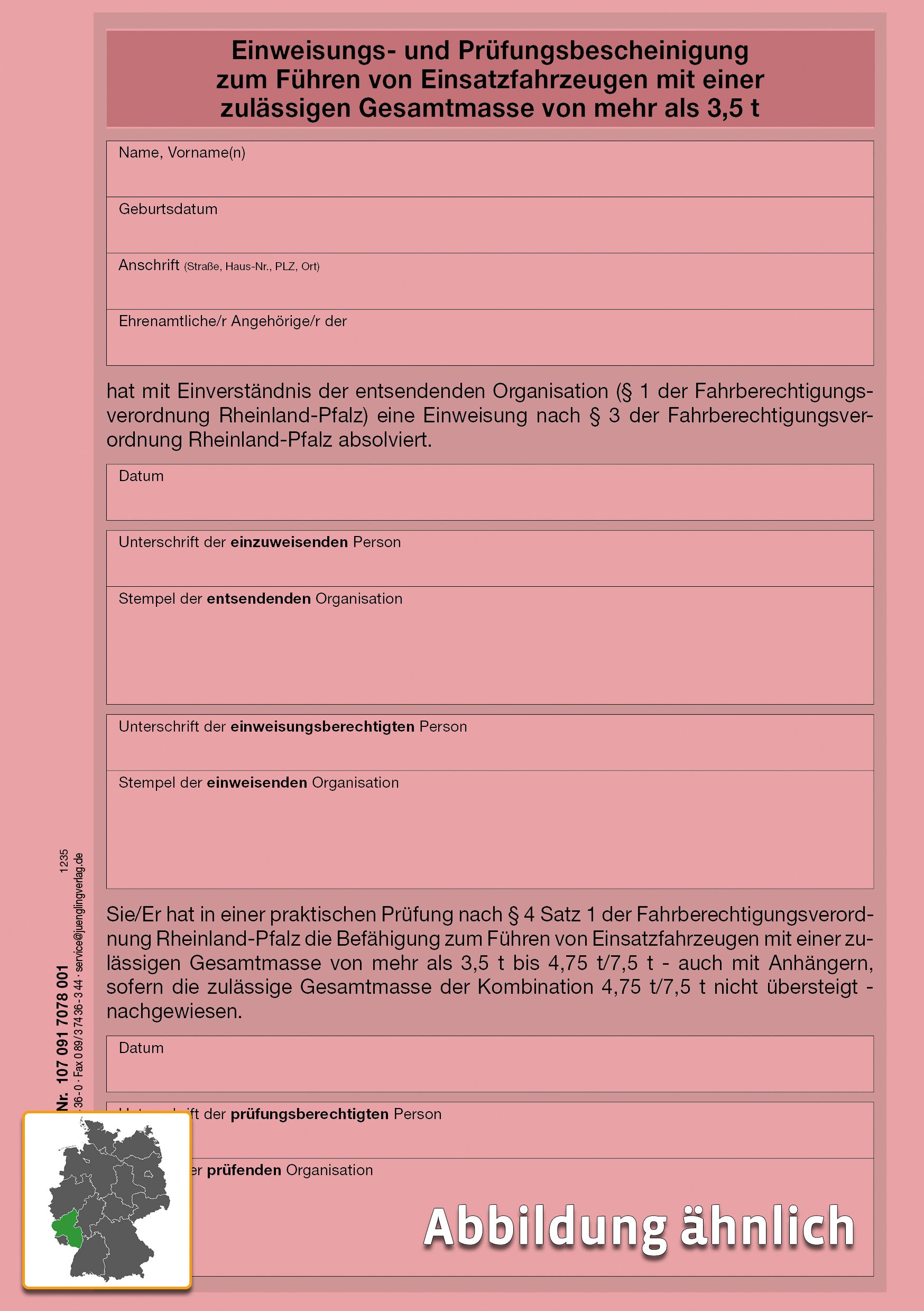 Einweisungs- und Prüfungsbescheinigung zum Führen von Einsatzfahrzeugen von mehr als 3, 5 t (RP), neobond rosa, DIN A5