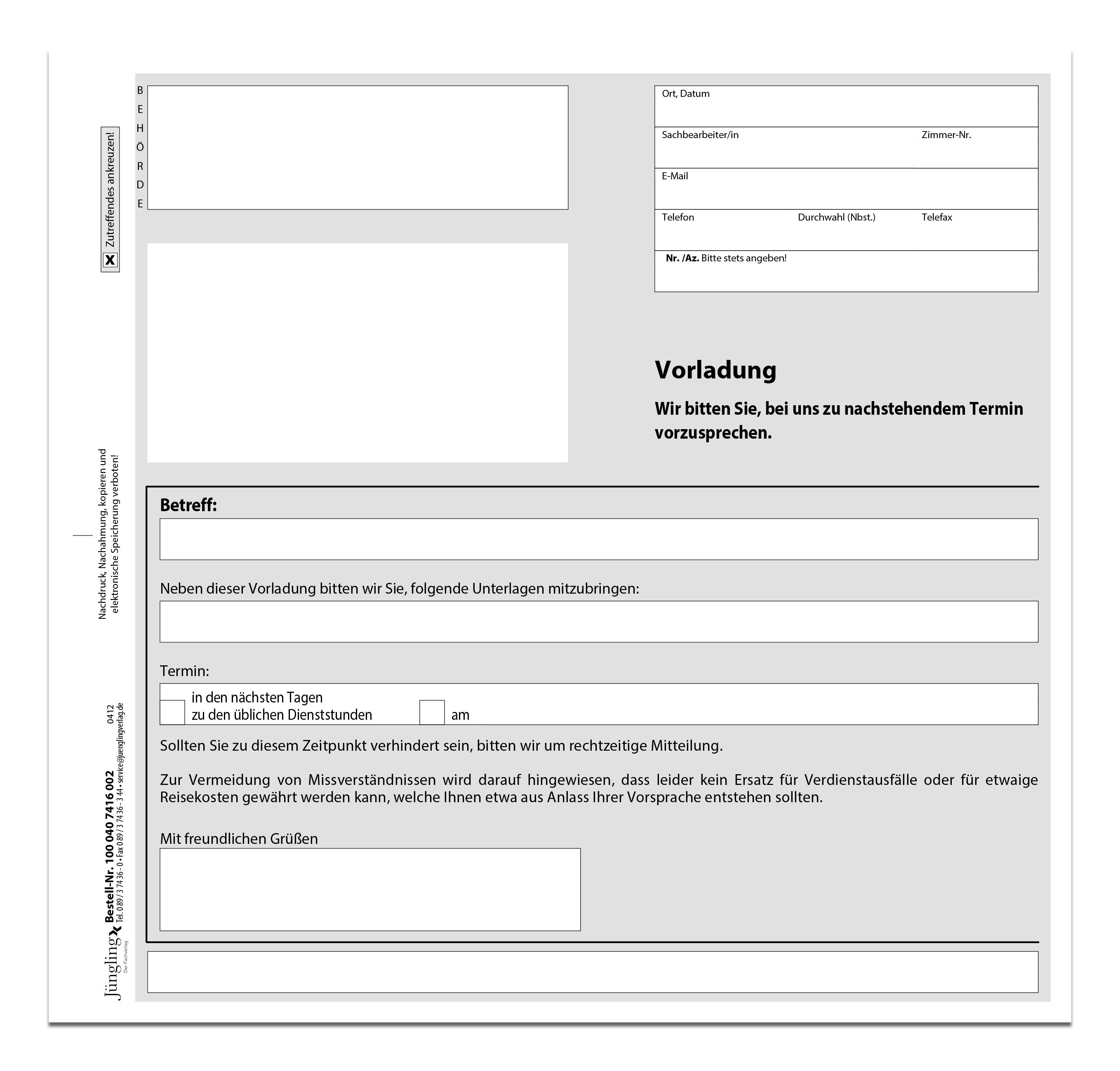 Terminvereinbarung (Vorladung), 2/3 DIN A4, 2-fach SD