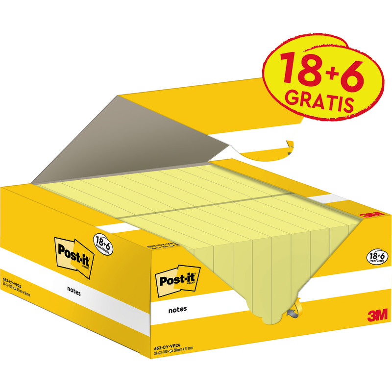 Post-it® Notes, Gelb, 38 mm x 51 mm, 100 Blatt/Block, 18 Blöcke + 6 Gratis/Packung