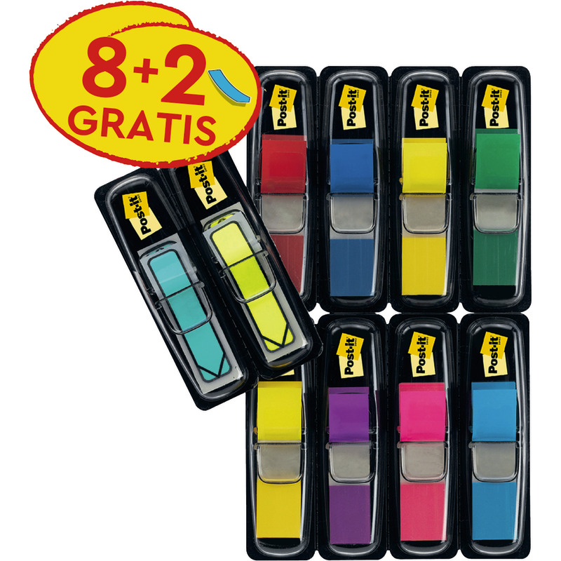 Post-it® Index Haftstreifen, Mini, Verschiedene Farben + Post-it® Index Pfeile, Blau und Gelb, 11.9 mm x 43.2 mm, 8 Spender + 4 Gratis/Packung
