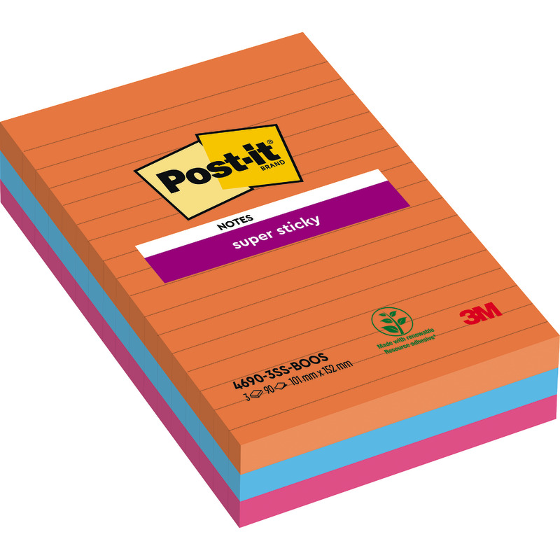 Post-it® Super Sticky Notes im Großformat, Liniert, 101 mm x 152 mm, 45 Blatt/Block, 3 Blöcke/Packung