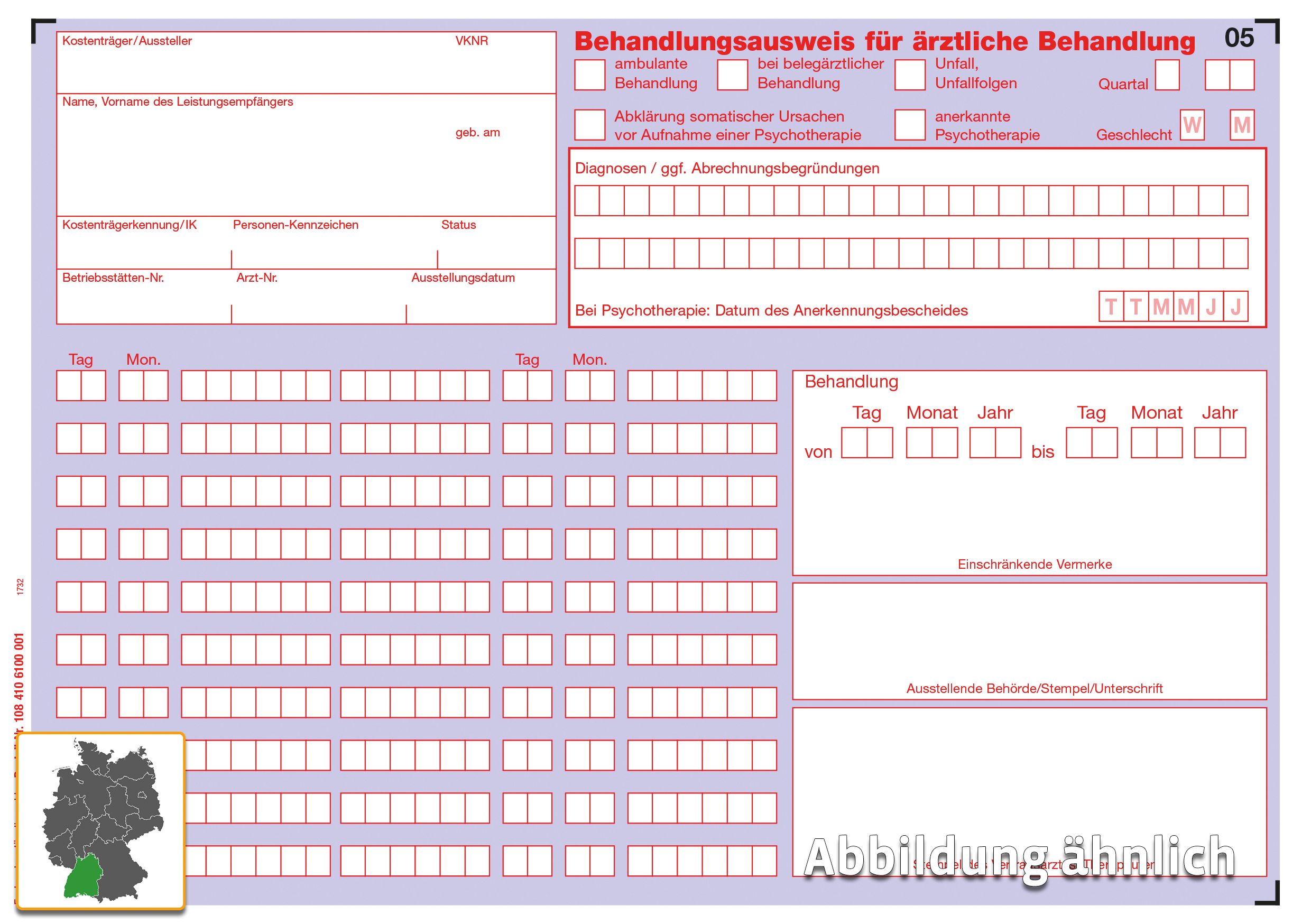 Behandlungsausweis für ärztliche Behandlung, Muster für Baden-Württemberg, A5