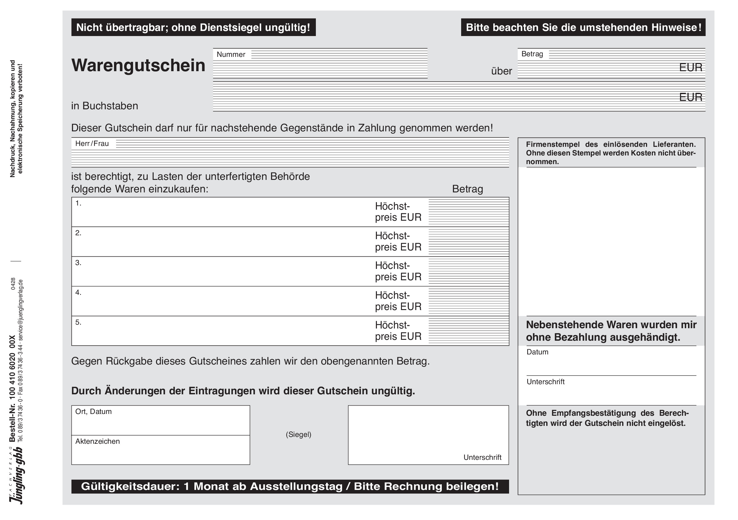 Warengutschein, A5, Block a 100 Blatt, SD