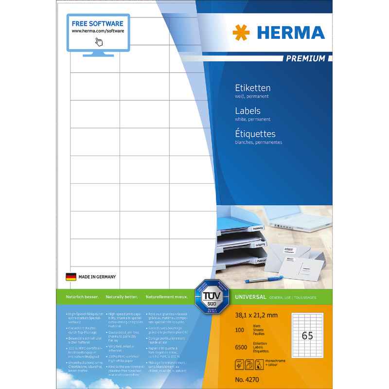 HERMA PREMIUM Etiketten 4270, PC-bedruckbar, B x H: 38, 1 x 21, 2 mm, 6.500 Stück