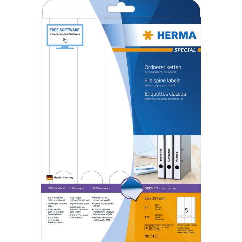 HERMA Ordneretiketten 5130, PC-bedruckbar, schmal / lang, weiß, B x H: 38 x 297 mm, Pack: 125 Stück