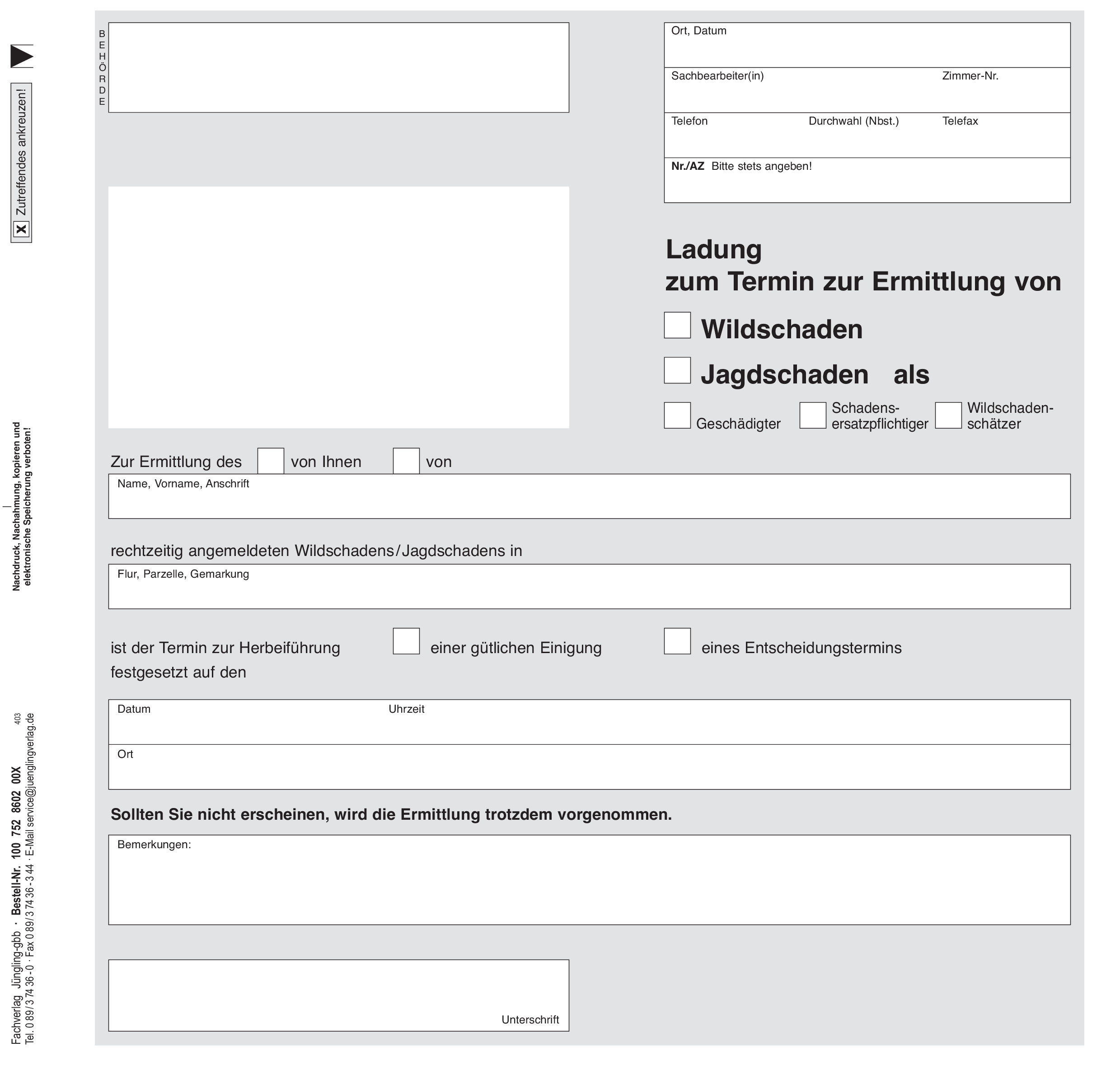 Ladung zum Termin zur Ermittlung von Wildschaden / Jagdschaden, 2/3 A4