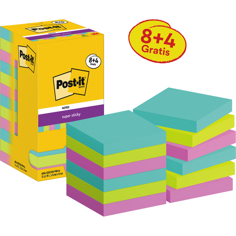 Post-it® Super Sticky Notes, 76 mm x 76 mm, Promotion, 90 Blatt/Block, 8 Blöcke + 4 Gratis/Packung - Carnival bunt