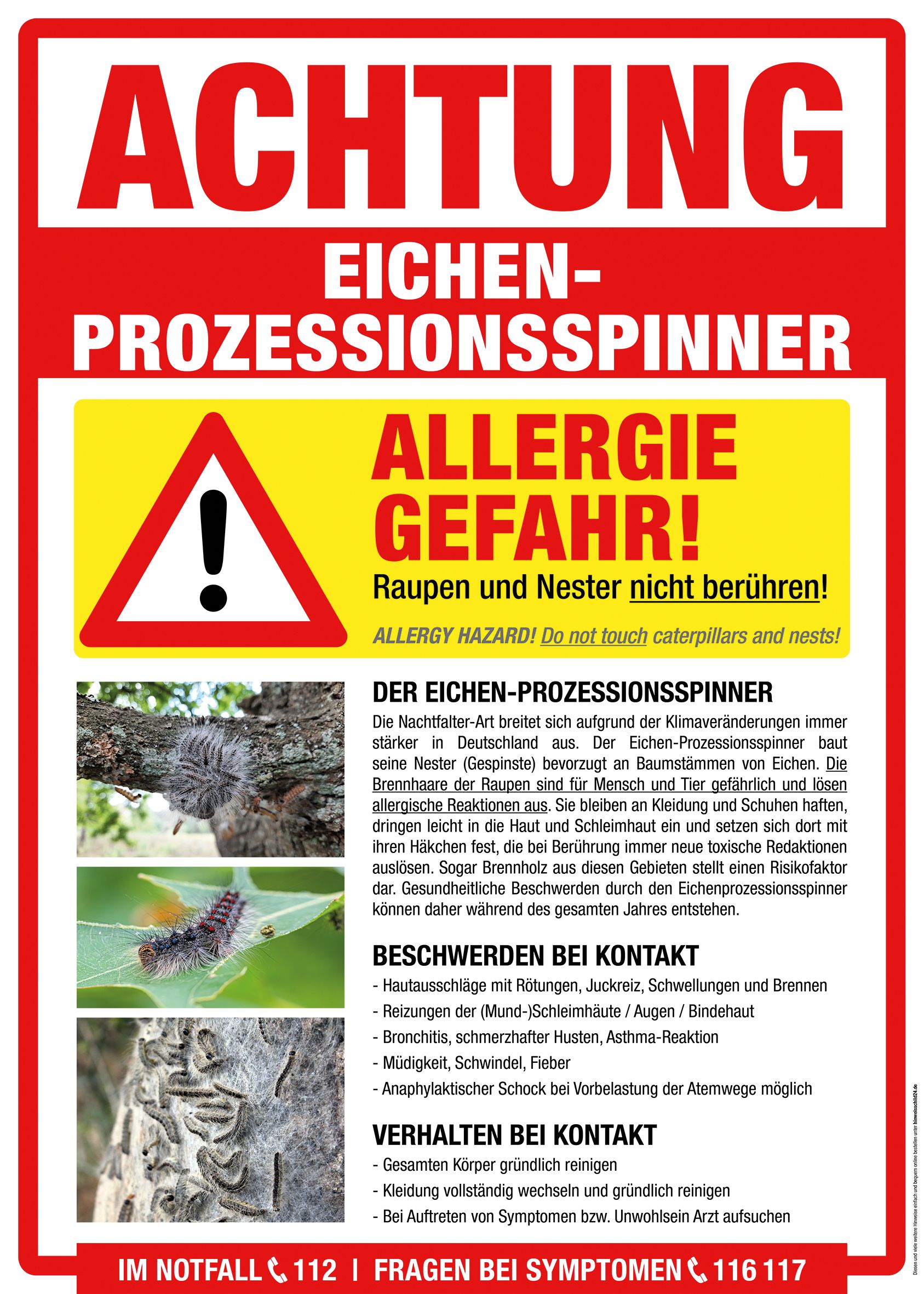 Hinweisschild Eichenprozessionsspinner: Verhaltensregeln, Notfallnummer, 500 x 700 mm, PVC