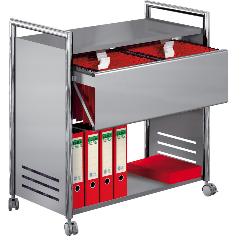 Hängeaktenwagen mit 1 zweibahnigen Hängeregistraturauszug und 2 Ablageböden, verchromt/alusilber