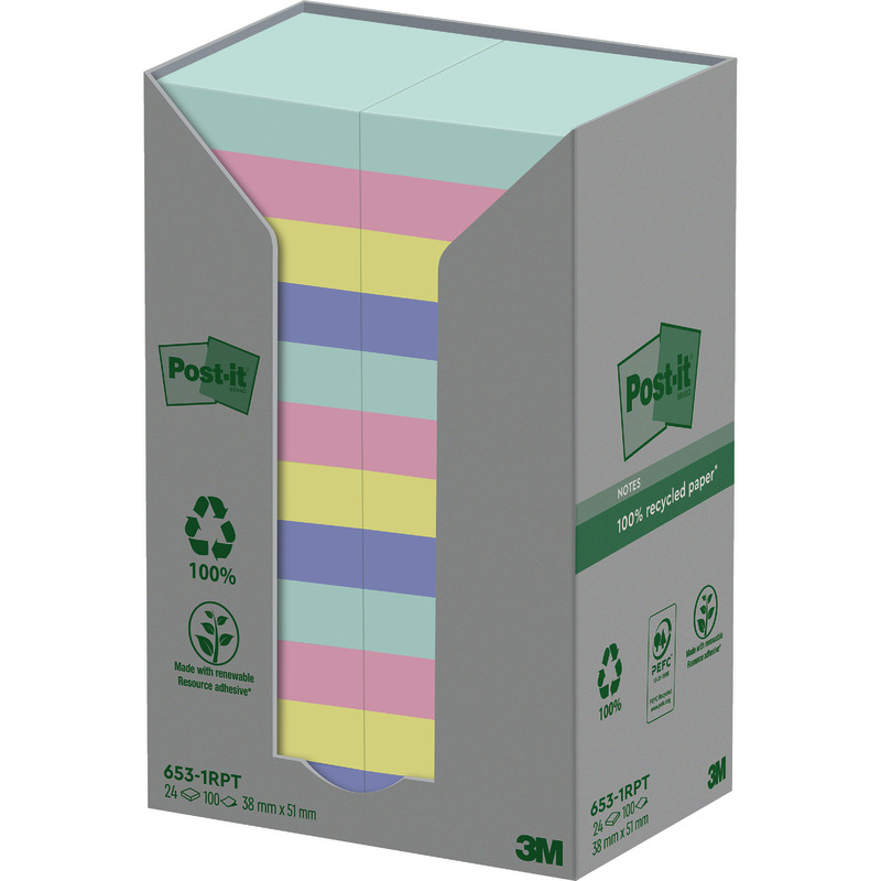 Post-it® Recycling Notes 653-1RPT, 51 x 38 mm,  Pastell farbsortiert, Packung: 24 Block