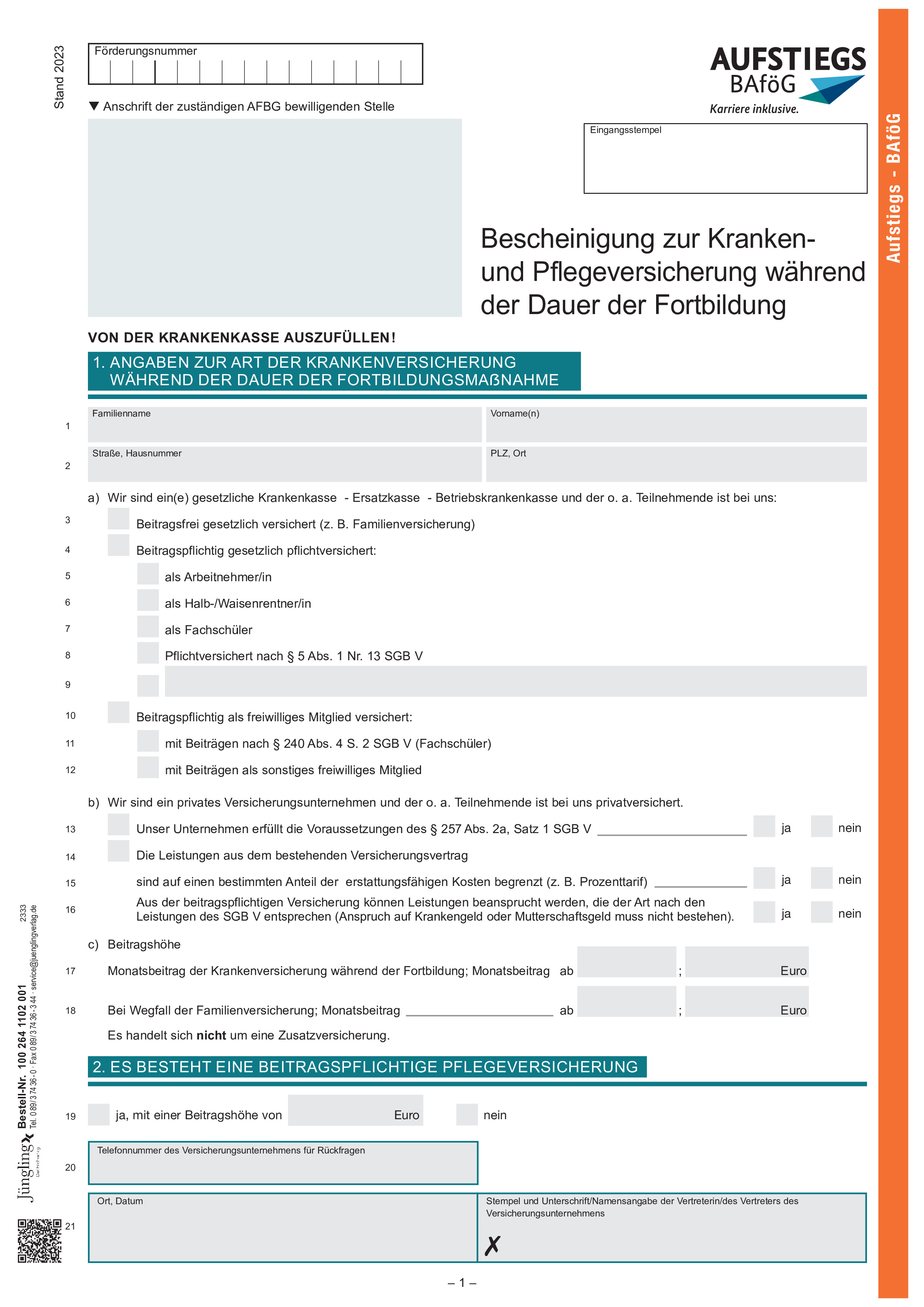 Bescheinigung zur Kranken- und Pflegeversicherung, orange, A4, 1-seitig, mit Lochung