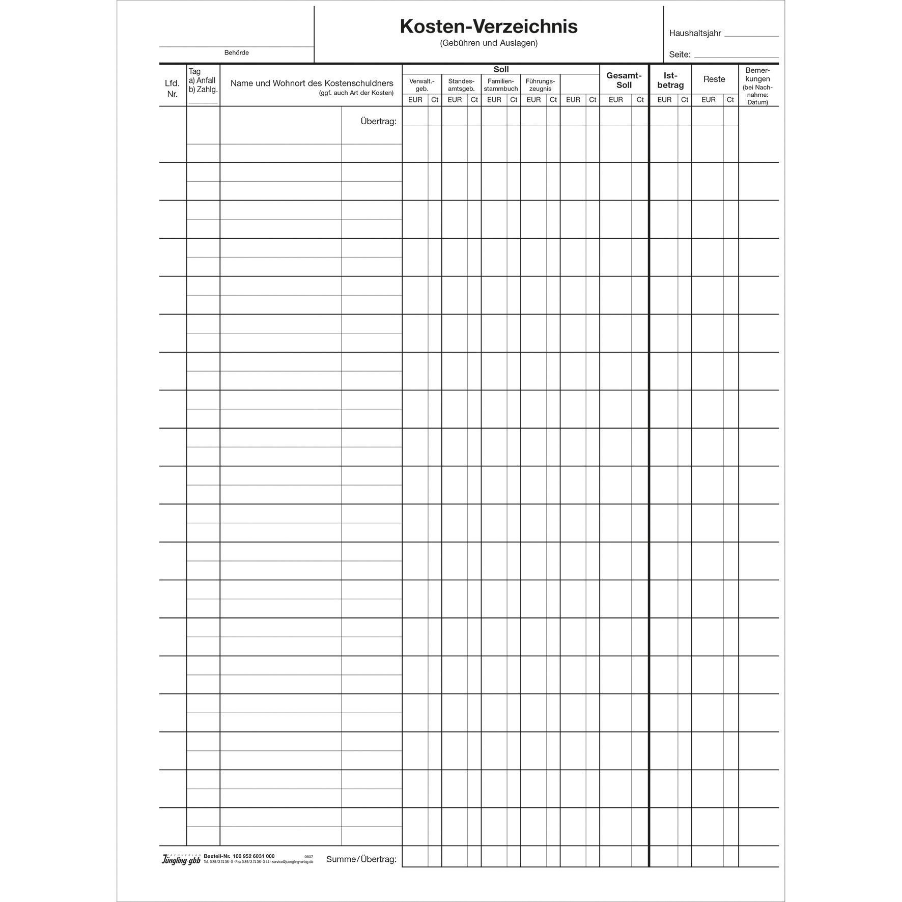 Kostenverzeichnis für Standesamt, A4 hoch, 19 Schuppen