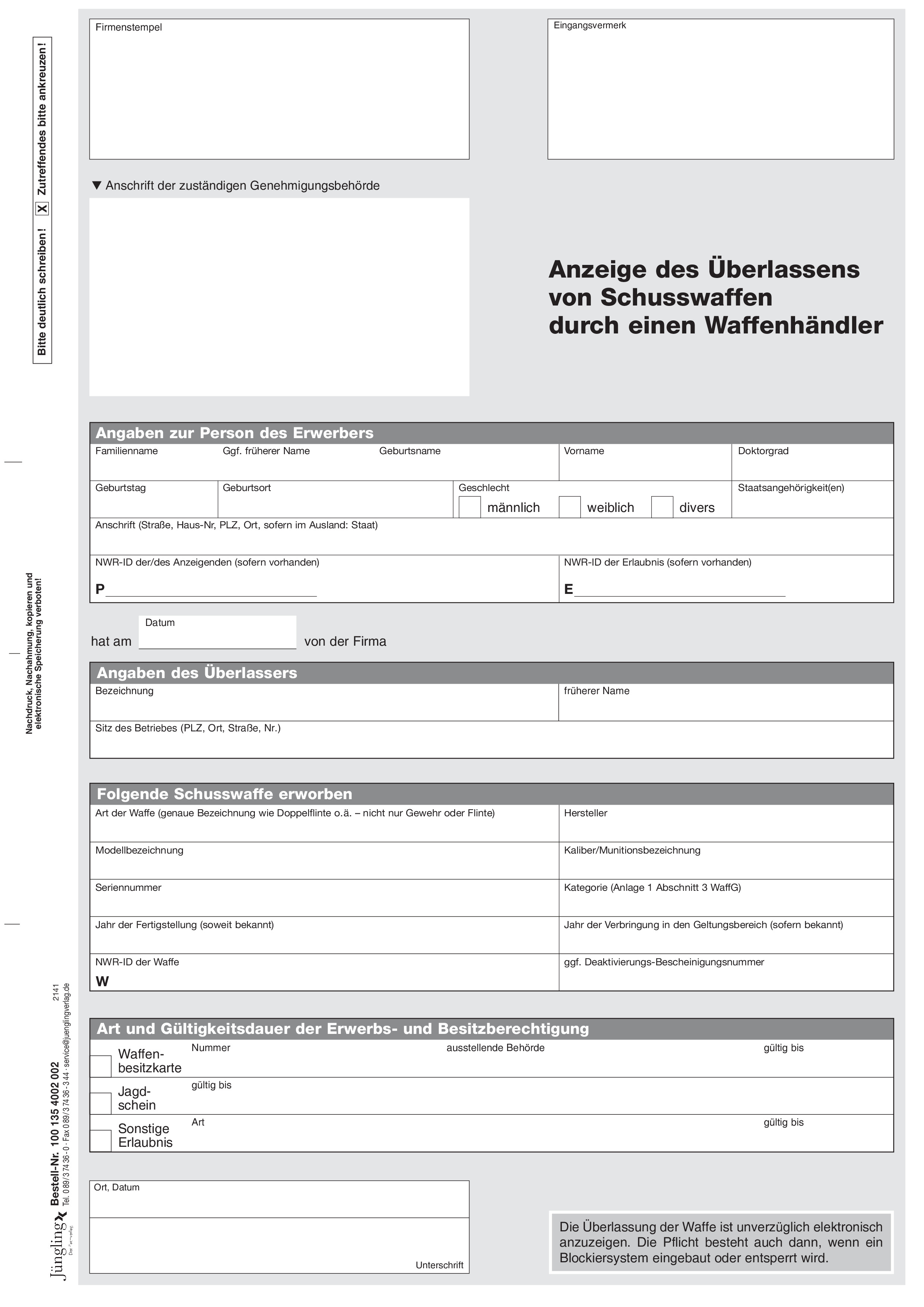 Anzeige der Überlassung einer Waffe durch einen Waffenhändler, A4, 2-fach SD