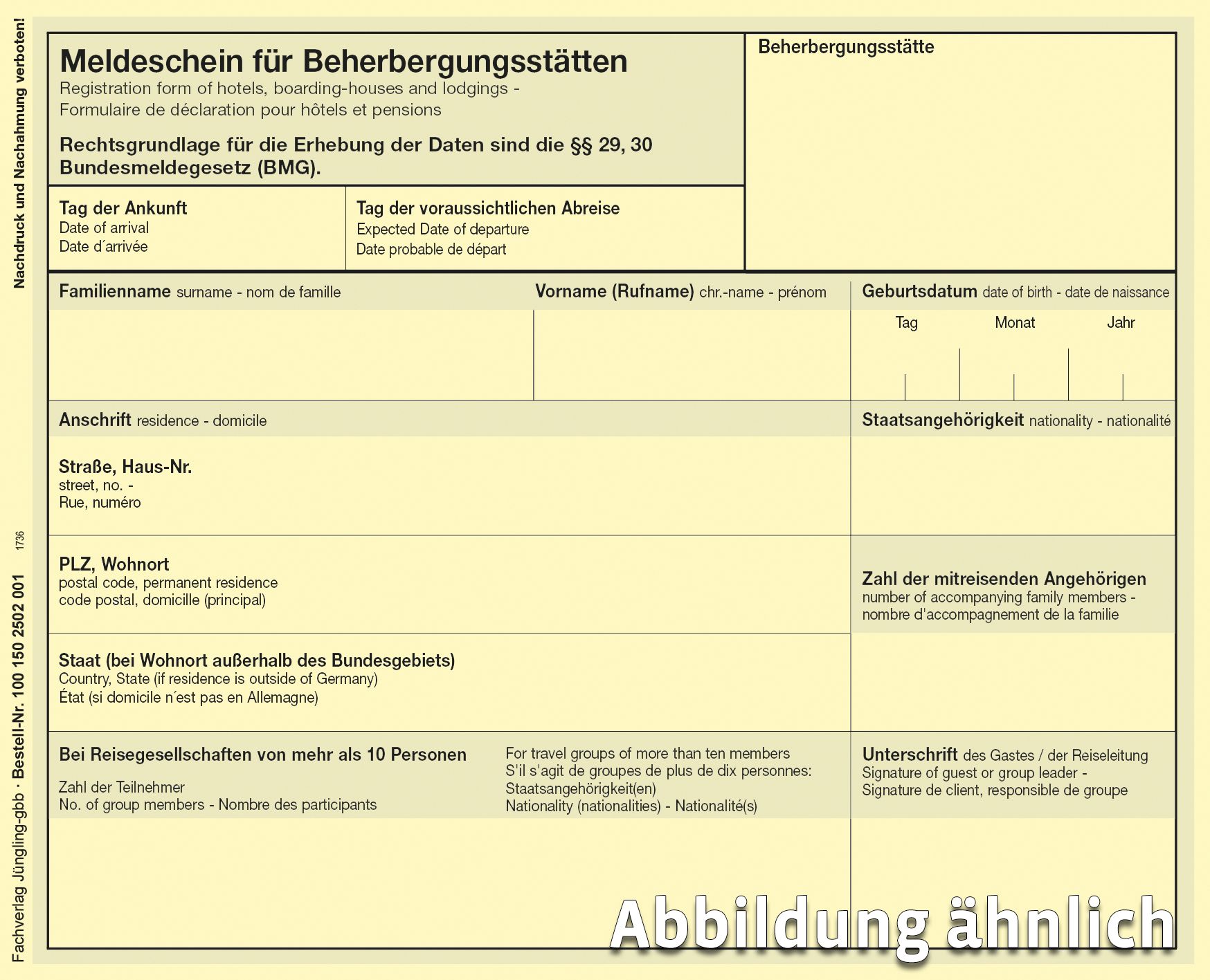 Meldeschein für Beherbergungsstätten, geblockt