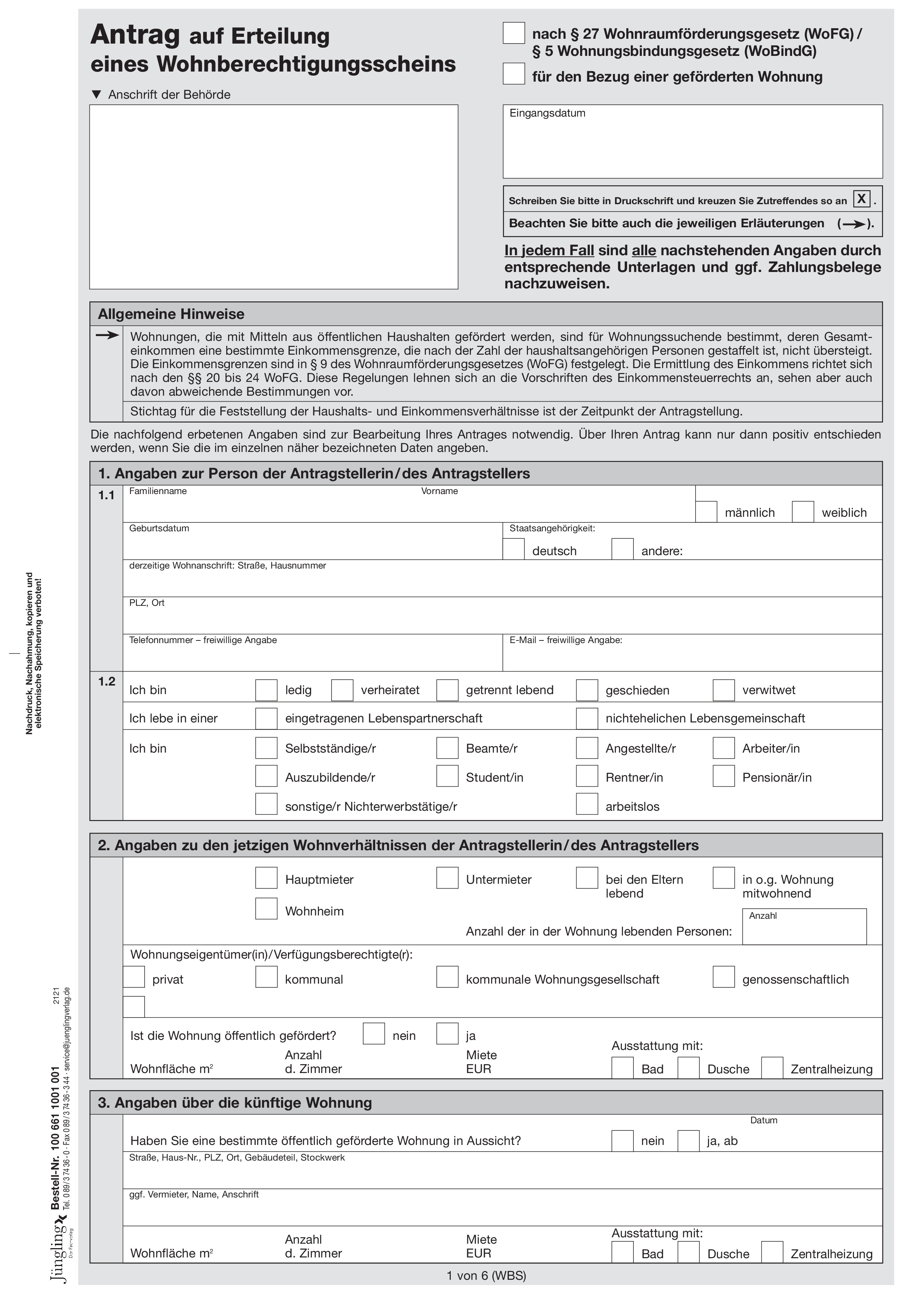 Antrag auf Erteilung einer Wohnberechtigungsbescheinigung mit Einkommenserklärung, A4