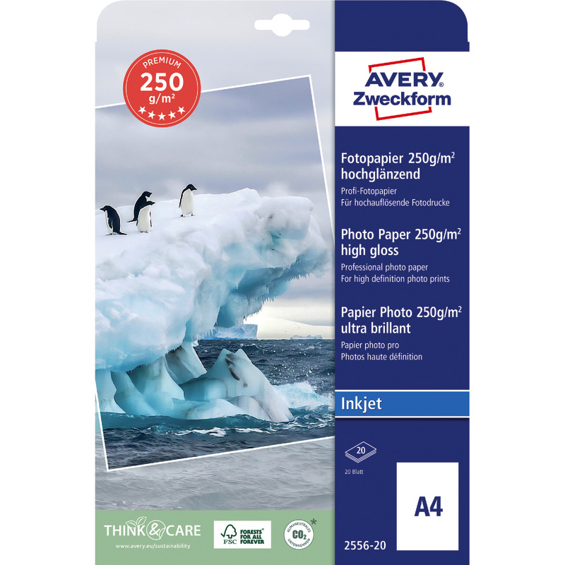 AVERY Zweckform Premium Inkjet Fotopapier, hochglänzend, DIN A4, 250 g/m², Packung: 20 Blatt
