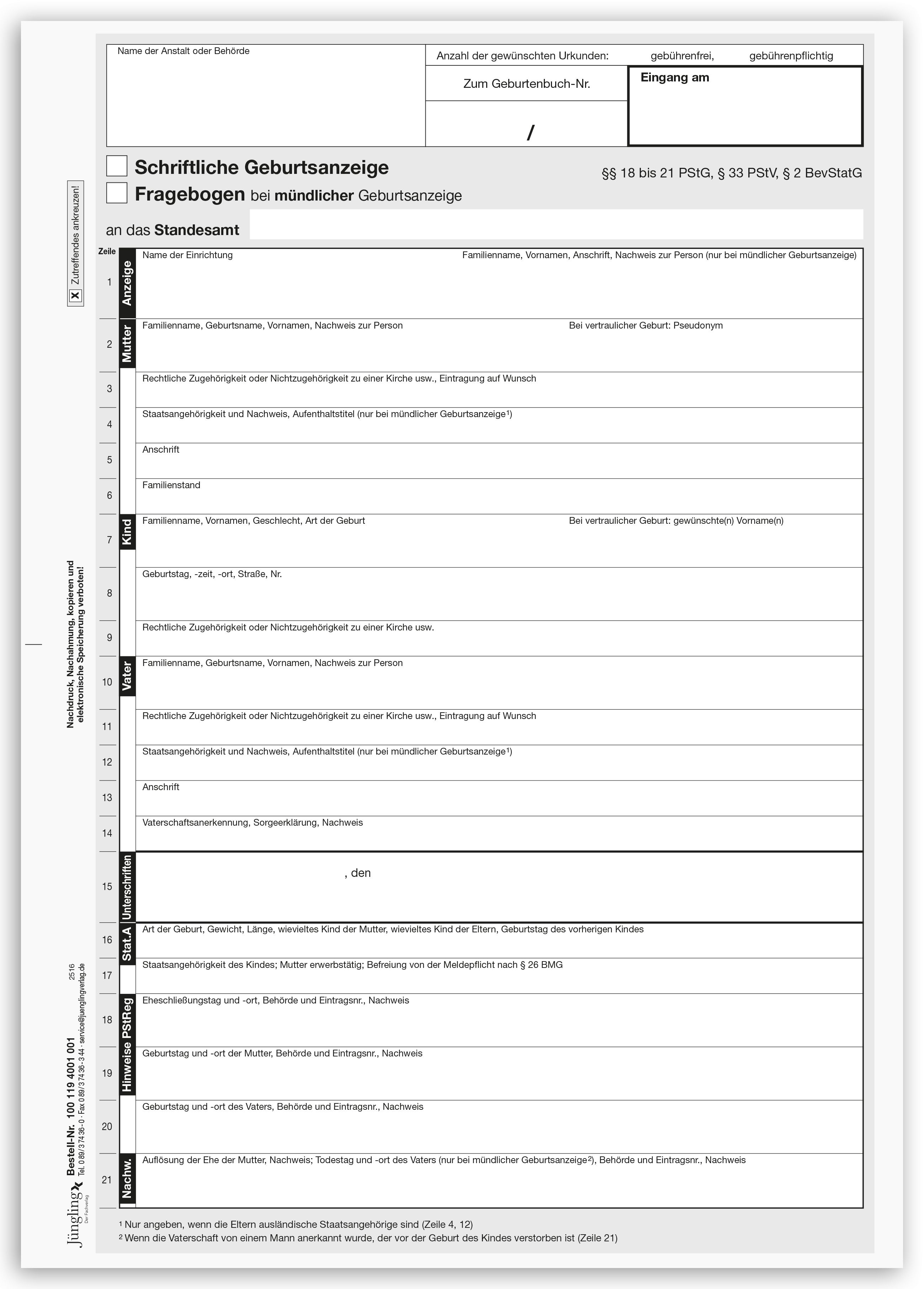 Schriftliche Geburtsanzeige gemäß PStG mit Namenserklärung, A4