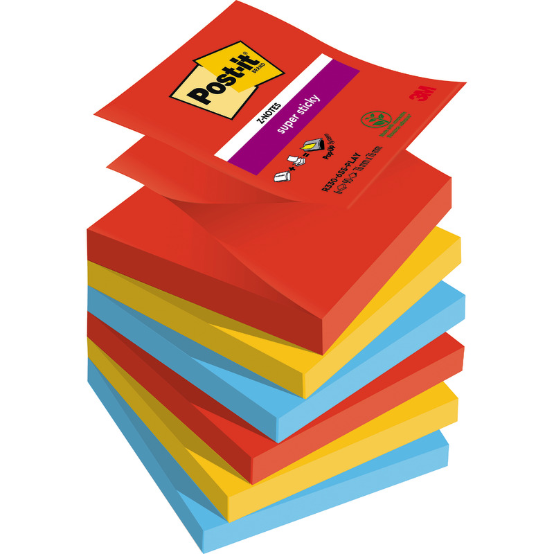 Post-it® Super Sticky Z-Notes, 76 mm x 76 mm, 90 Blatt/Block, 6 Blöcke/Packung - Playful bunt