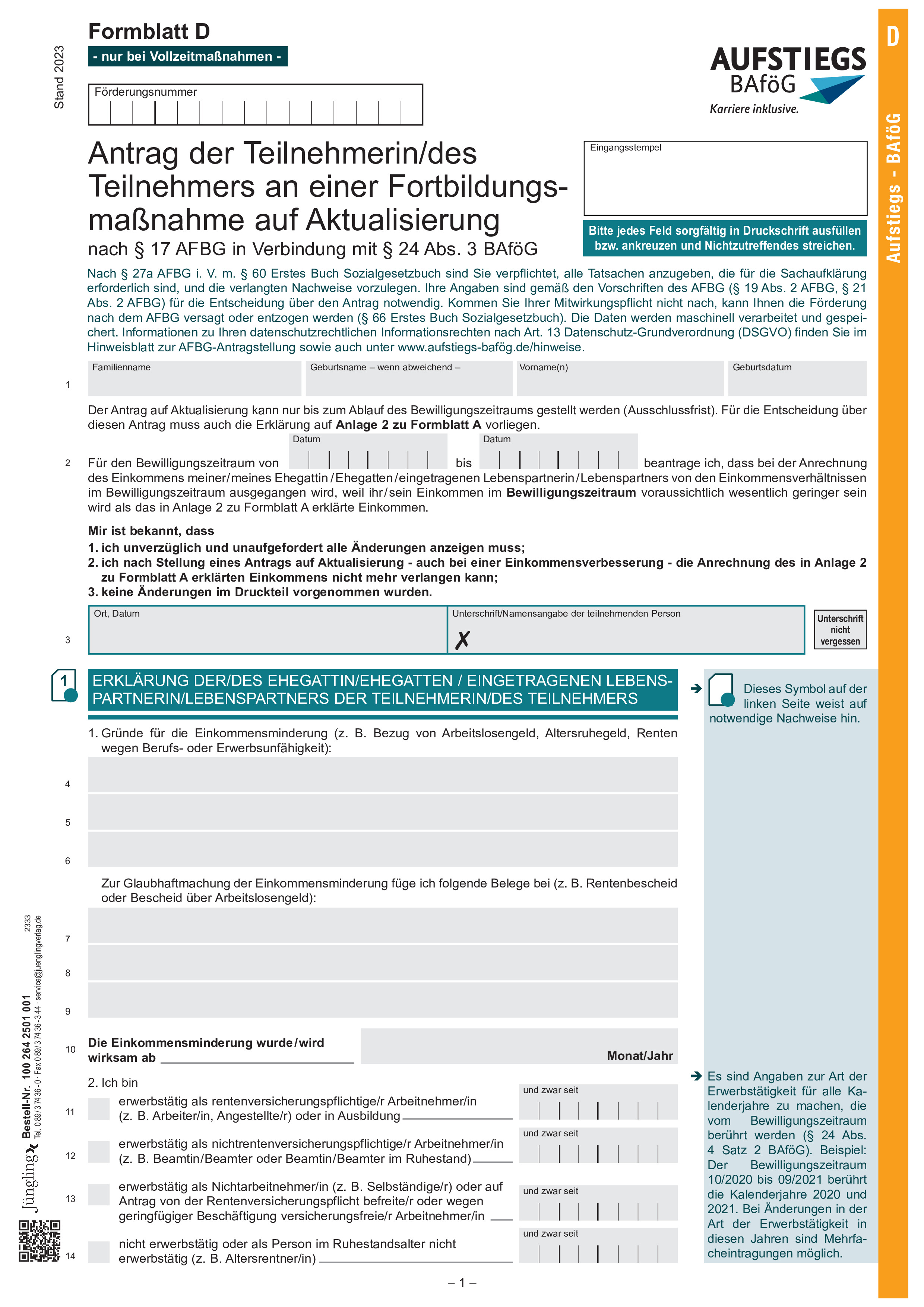 Formblatt D - Antrag Aktualisierung, hellorange, A4, 2-seitig, mit Lochung