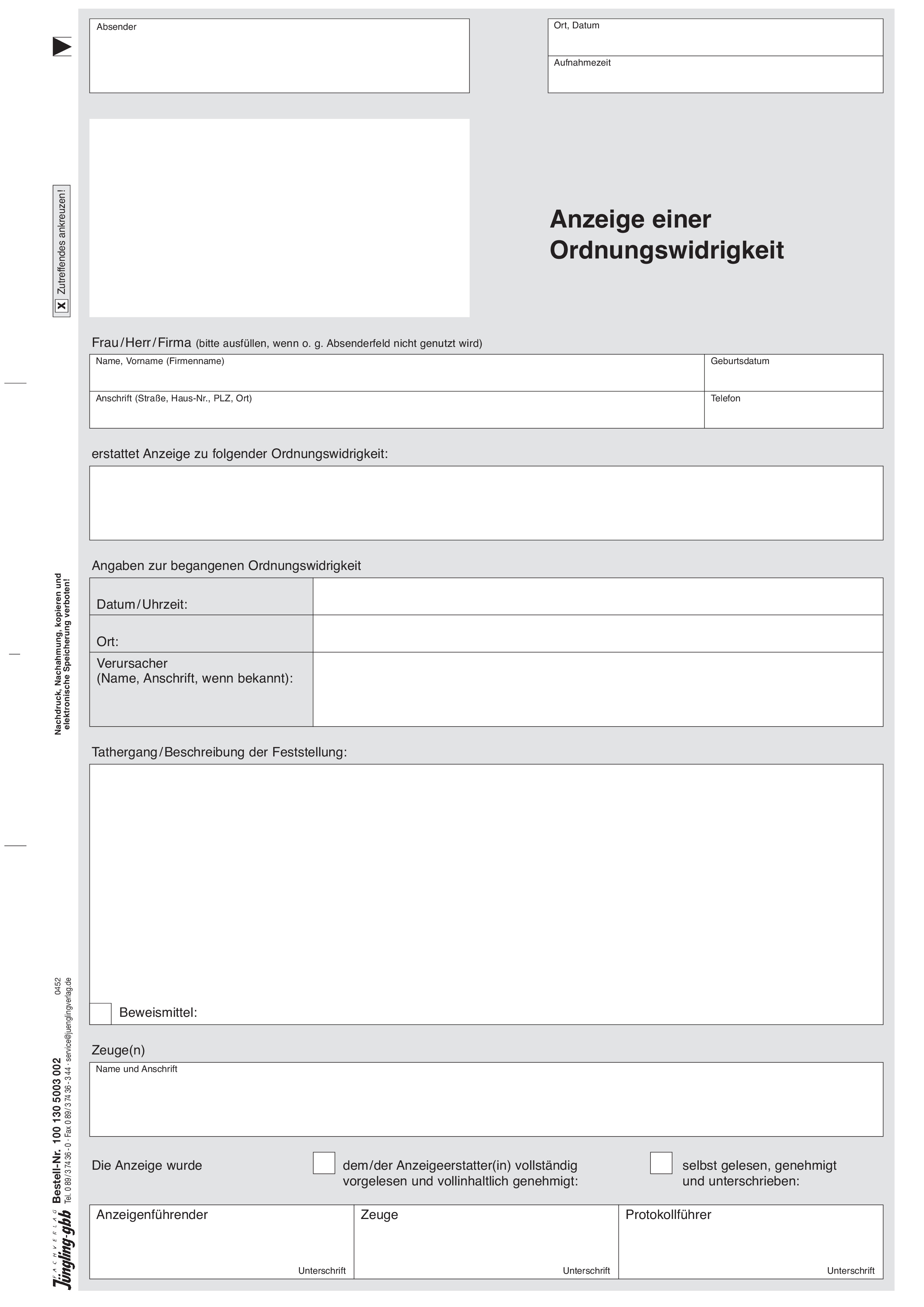 Anzeige einer Ordnungswidrigkeit, A4, 2-fach SD