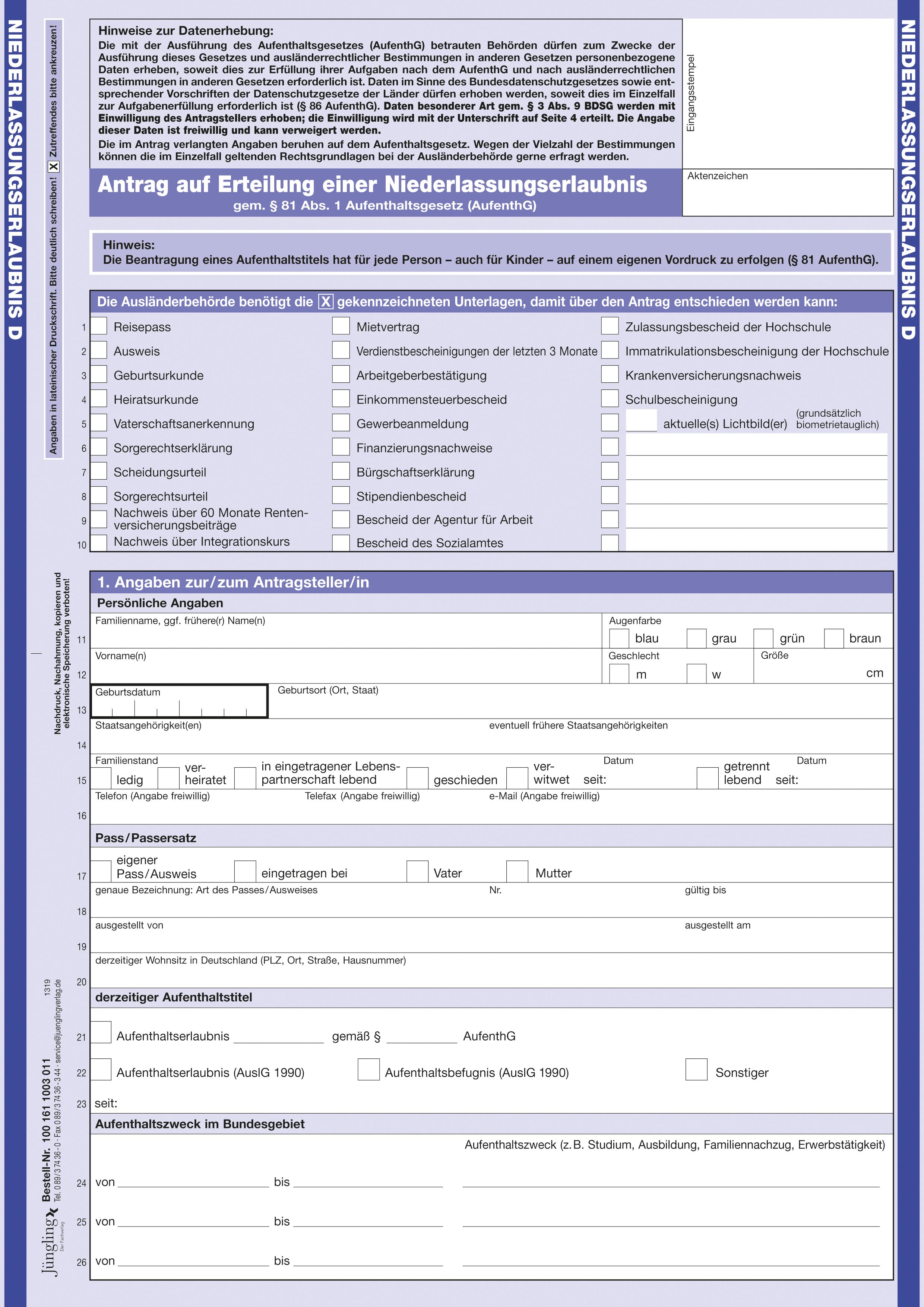 Antrag auf Erteilung einer Niederlassungserlaubnis, Deutsch