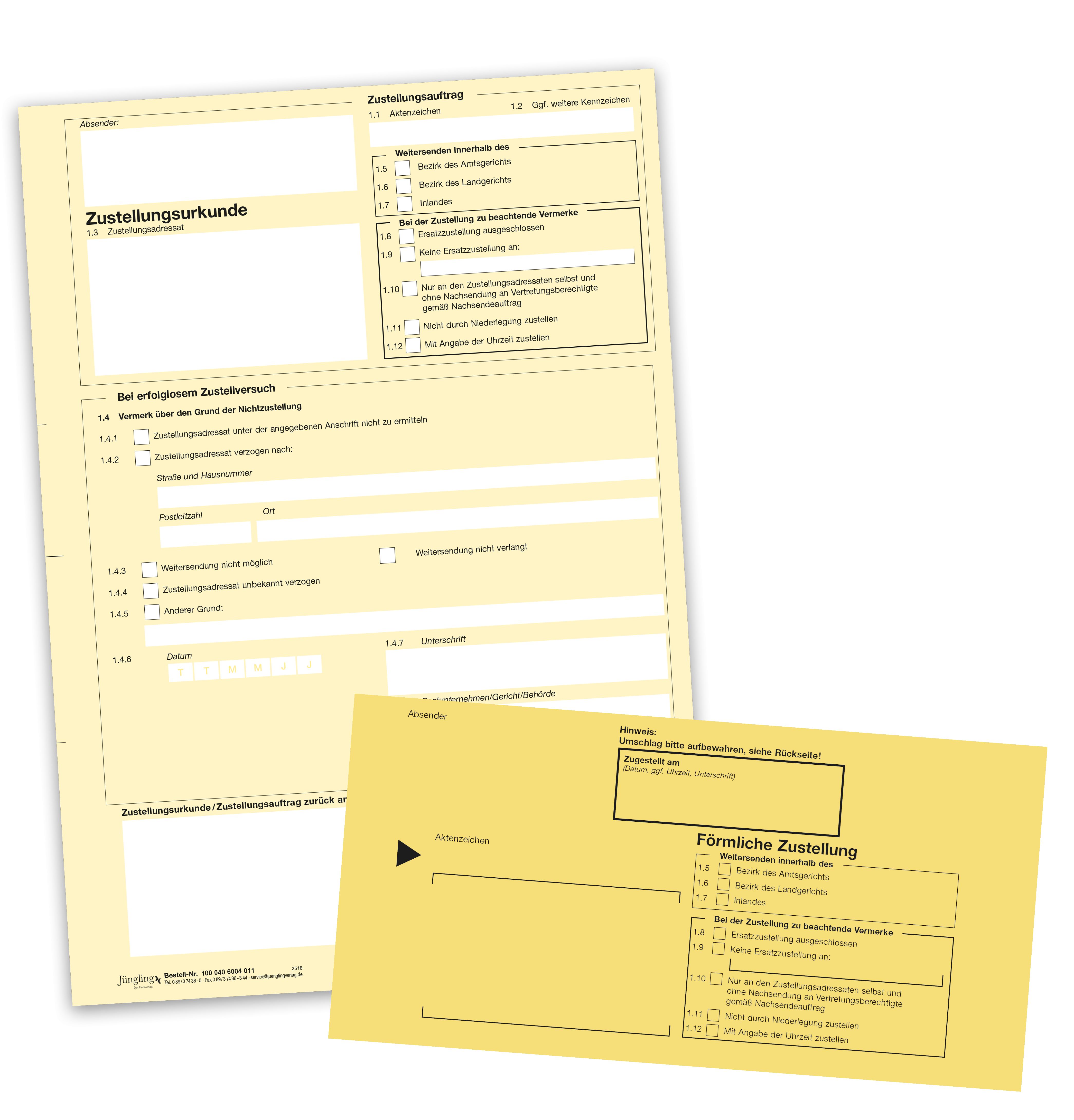 Set Zustellungsurkunde, A4 gelb, laserdruckergeeignet, Eindruck Deutsche Post AG, mit innerem Umschlag und Kohlepapier, 114 x 229 mm