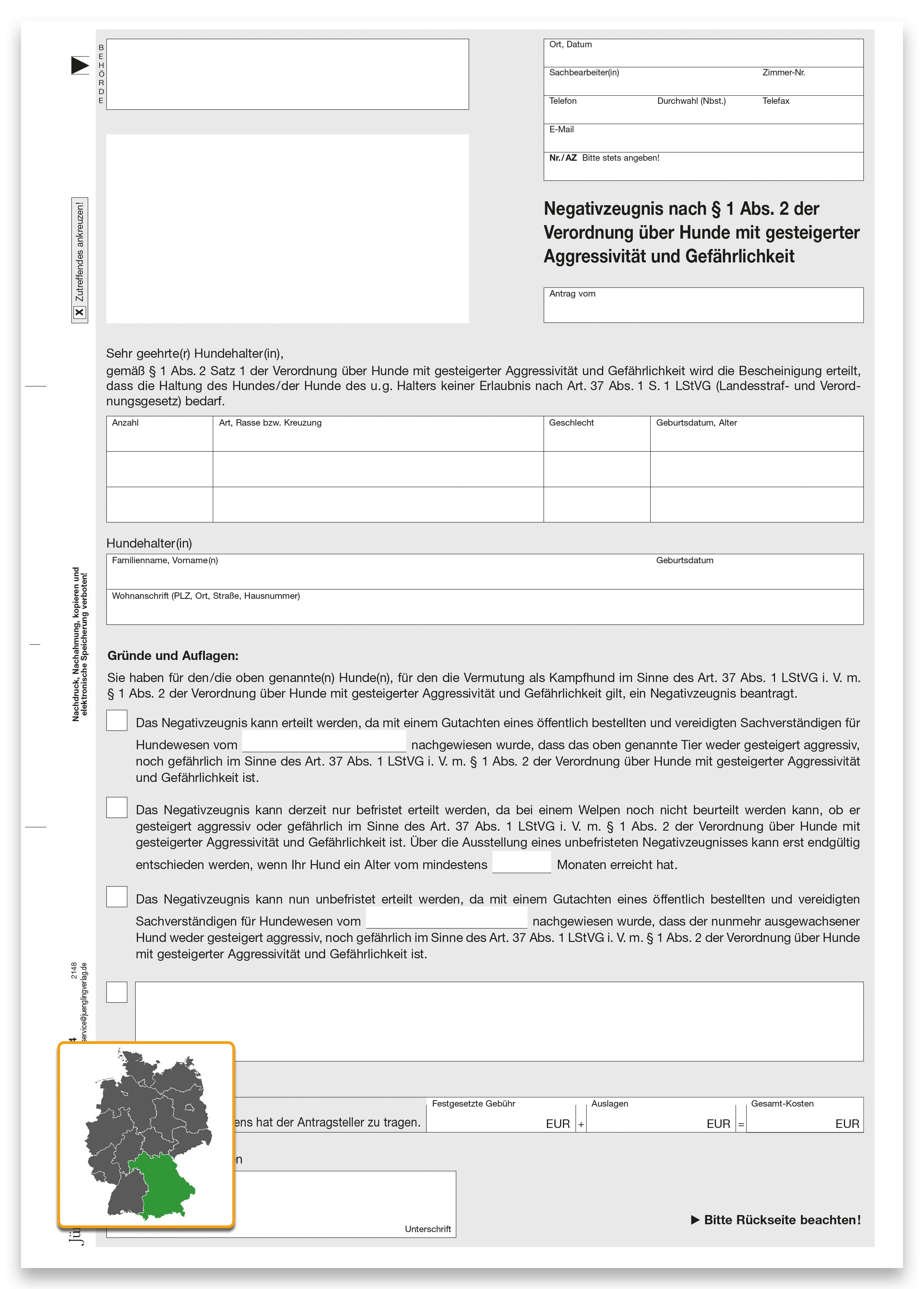 Negativzeugnis § 1 (2) zum Antrag 109 127 1002 004, A4, 4fach