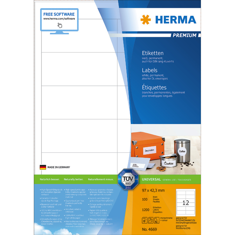 HERMA PREMIUM Etiketten 4669, PC-bedruckbar, B x H: 97 x 42, 3 mm, 1.200 Stück