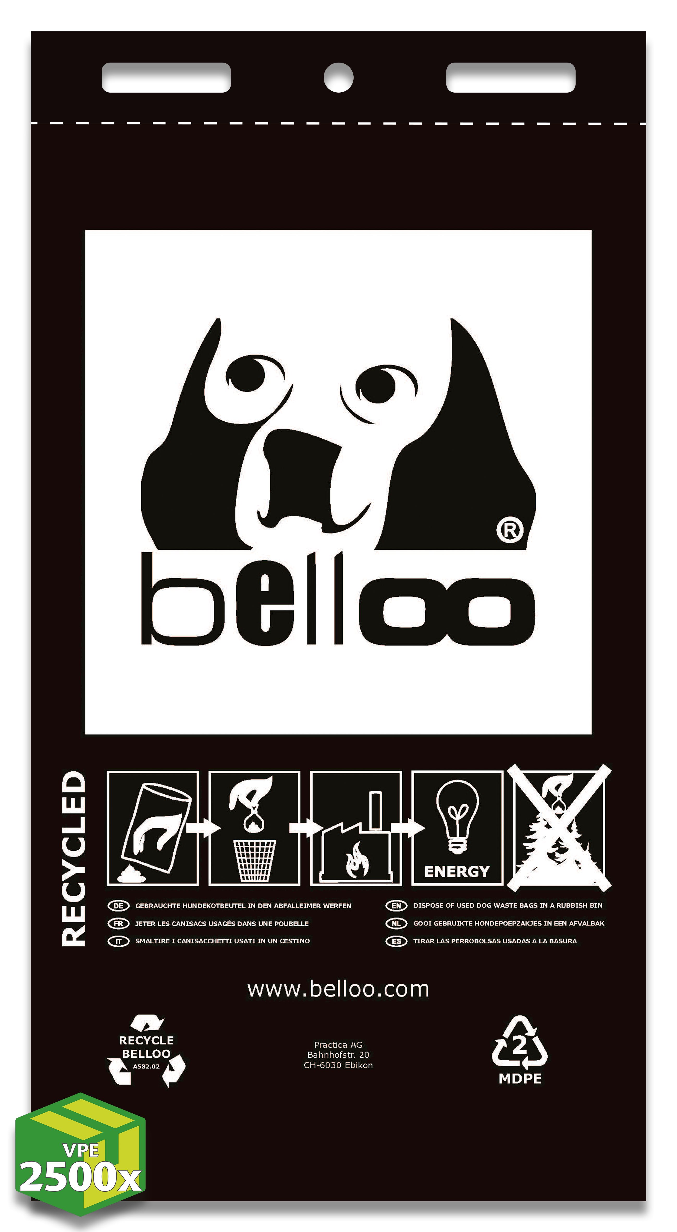 Hundekotbeutel recycle belloo (A582.02) MDPE Recyclingmaterial, schwarz mit Aufdruck